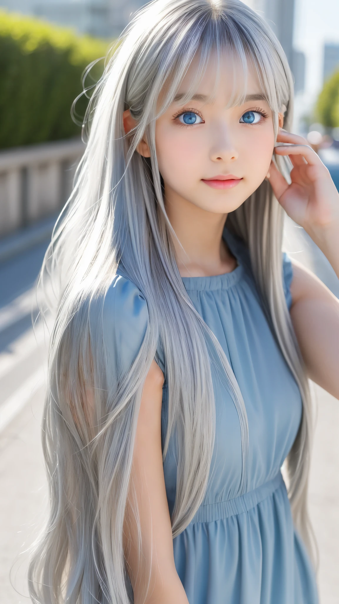 Shining, clear, white skin、Her windblown silver hair hides her beautiful face.、huge、28 years old cute ???? little beautiful face、Beautiful straight hair that stands out、growing up, Sparkling light blue eyes、long silky bangs that cover cute eyes, ???? and cute young woman with super long hair hiding her ???? face、Shining silver hair