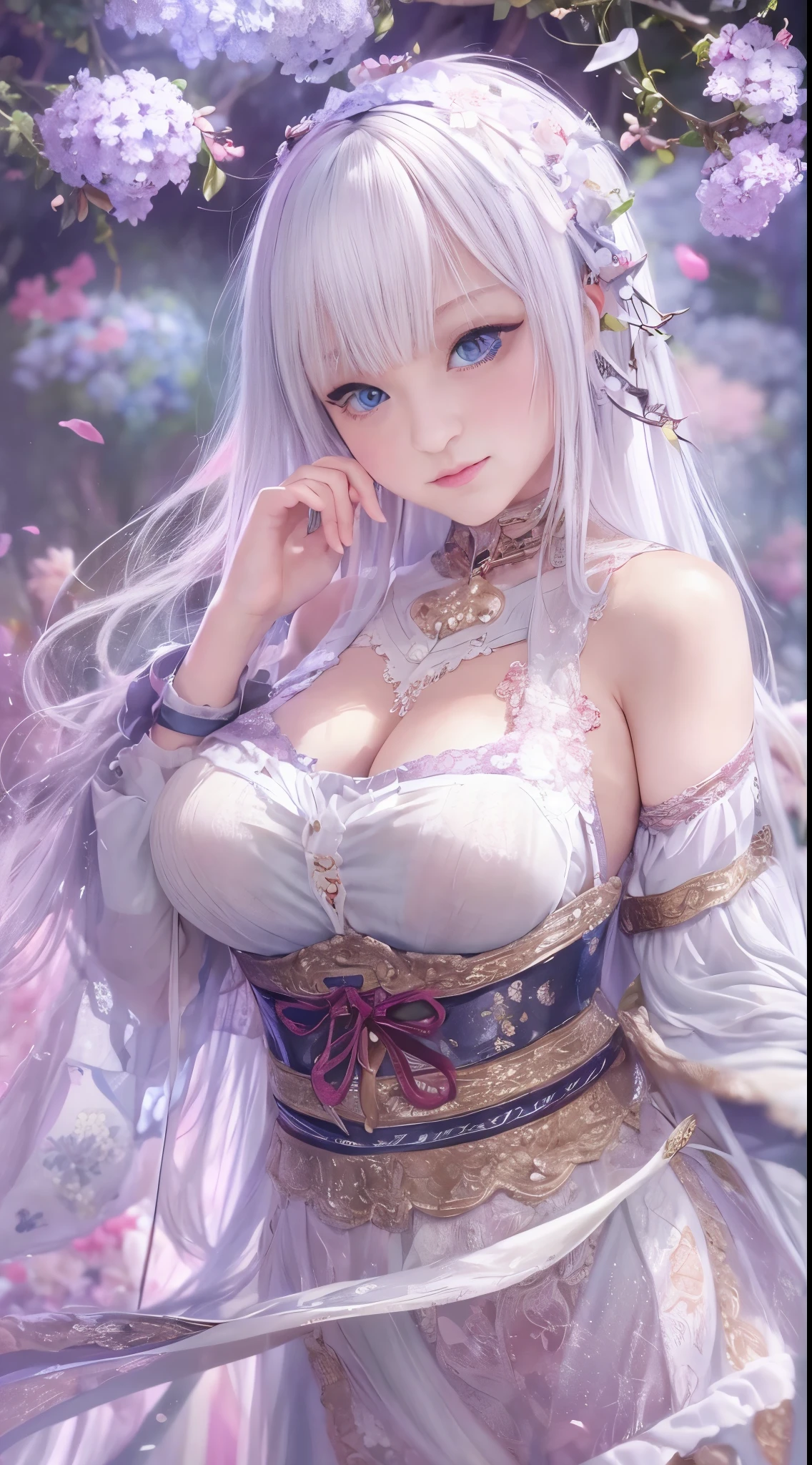 masterpiece, highest quality, 4K, Ultra-high resolution, mishoujo, Painting, Beautiful eyes and fine face, figure, Beautiful details, high resolution figure, Shine_white_particle, One girl, white hair, Light purple eyes, Big Breasts、Large Breasts、Belly button、Japanese、Japanese Idols