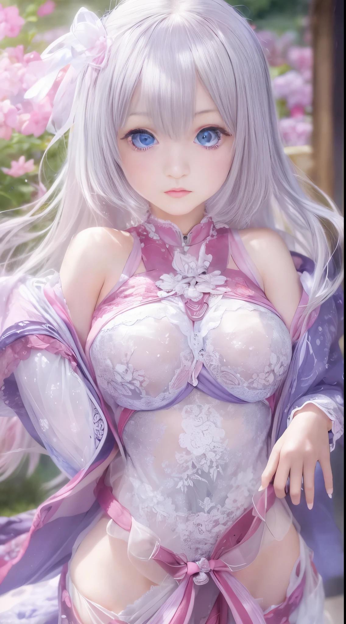 masterpiece, highest quality, 4K, Ultra-high resolution, mishoujo, Painting, Beautiful eyes and fine face, figure, Beautiful details, high resolution figure, Shine_white_particle, One girl, white hair, Light purple eyes, Big Breasts、Large Breasts、Belly button、Japanese、Japanese Idols