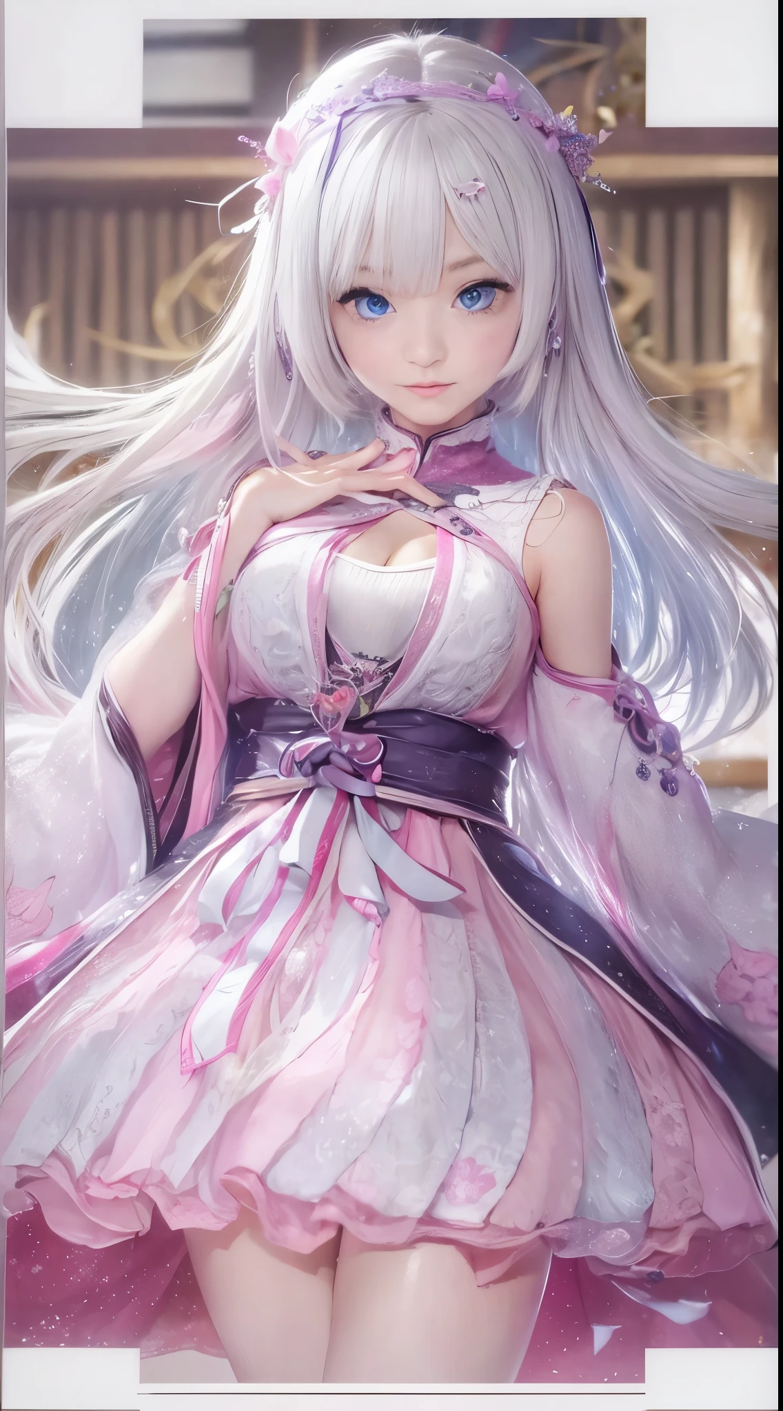 masterpiece, highest quality, 4K, Ultra-high resolution, mishoujo, Painting, Beautiful eyes and fine face, figure, Beautiful details, high resolution figure, Shine_white_particle, One girl, white hair, Light purple eyes, Big Breasts、Large Breasts、Belly button、Japanese、Japanese Idols