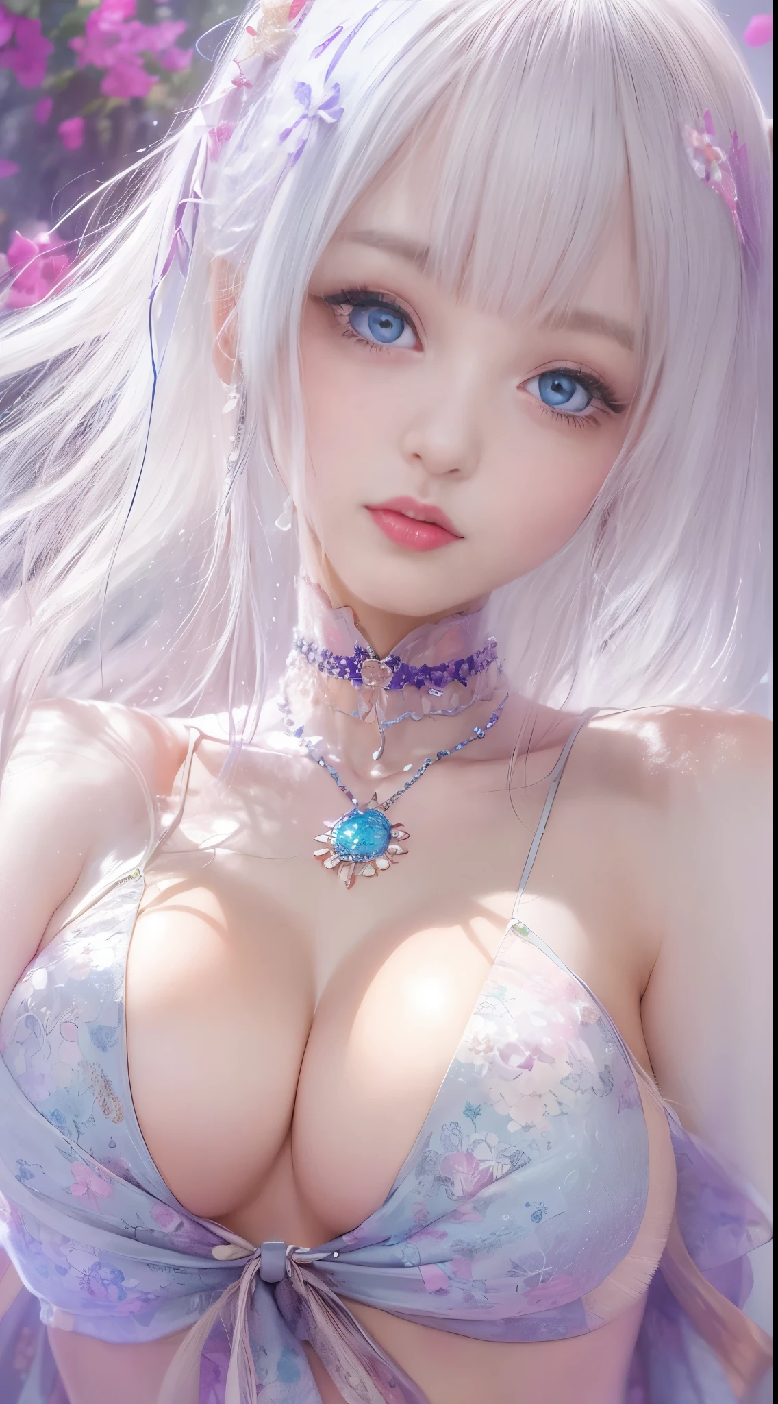 masterpiece, highest quality, 4K, Ultra-high resolution, mishoujo, Painting, Beautiful eyes and fine face, figure, Beautiful details, high resolution figure, Shine_white_particle, One girl, white hair, Light purple eyes, Big Breasts、Large Breasts、Belly button、Japanese、Japanese Idols