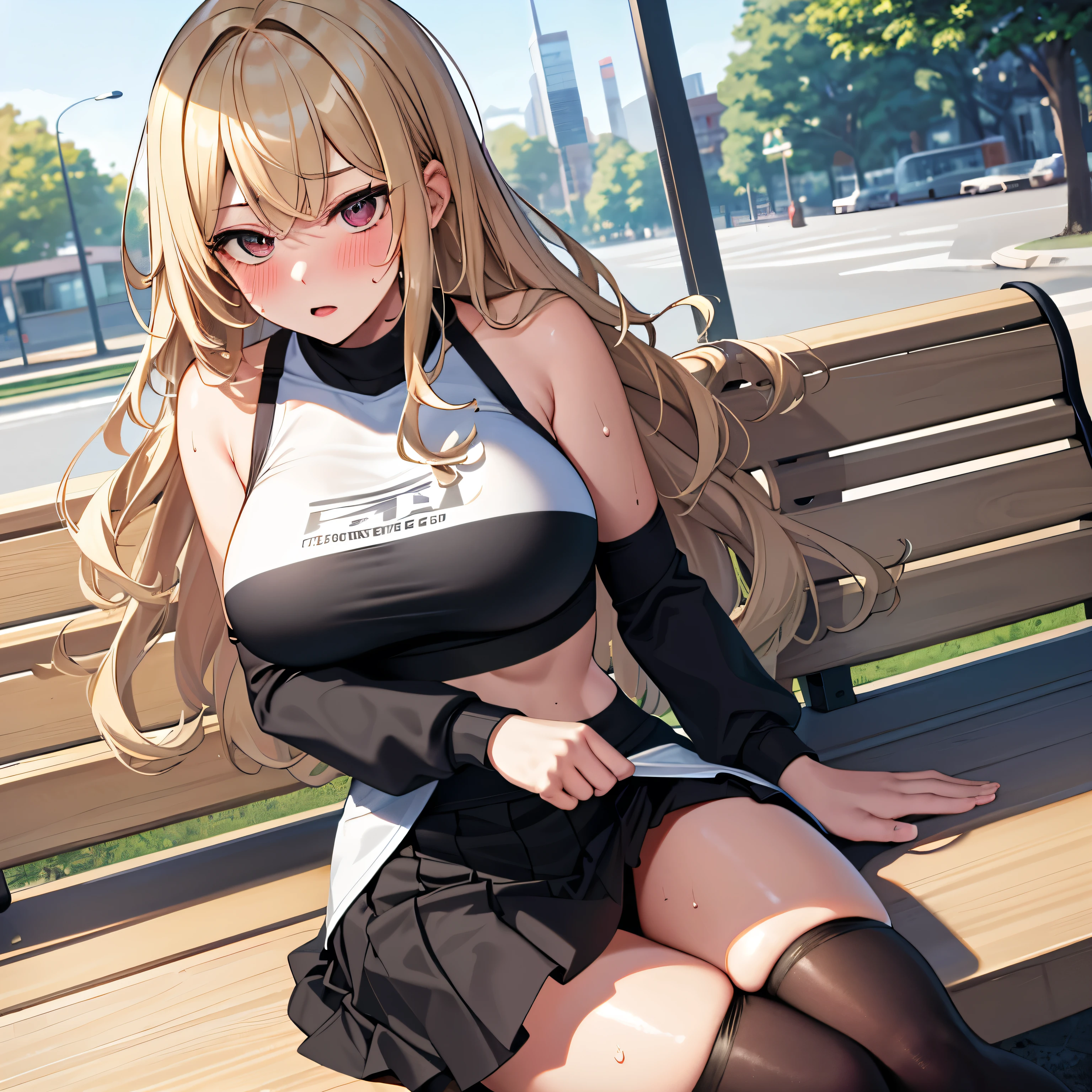 (masterpiece,highest quality, detailed), One girl, alone, Park bench,Clear skies, black tights, (Turn over your clothes:1.5), Sweat, Ahegao, Roll your eyes, blush, naked、Blonde,Messy wavy long hair,Sports Bra、A tight-fitting shirt、Black flared skirt、Big Breasts