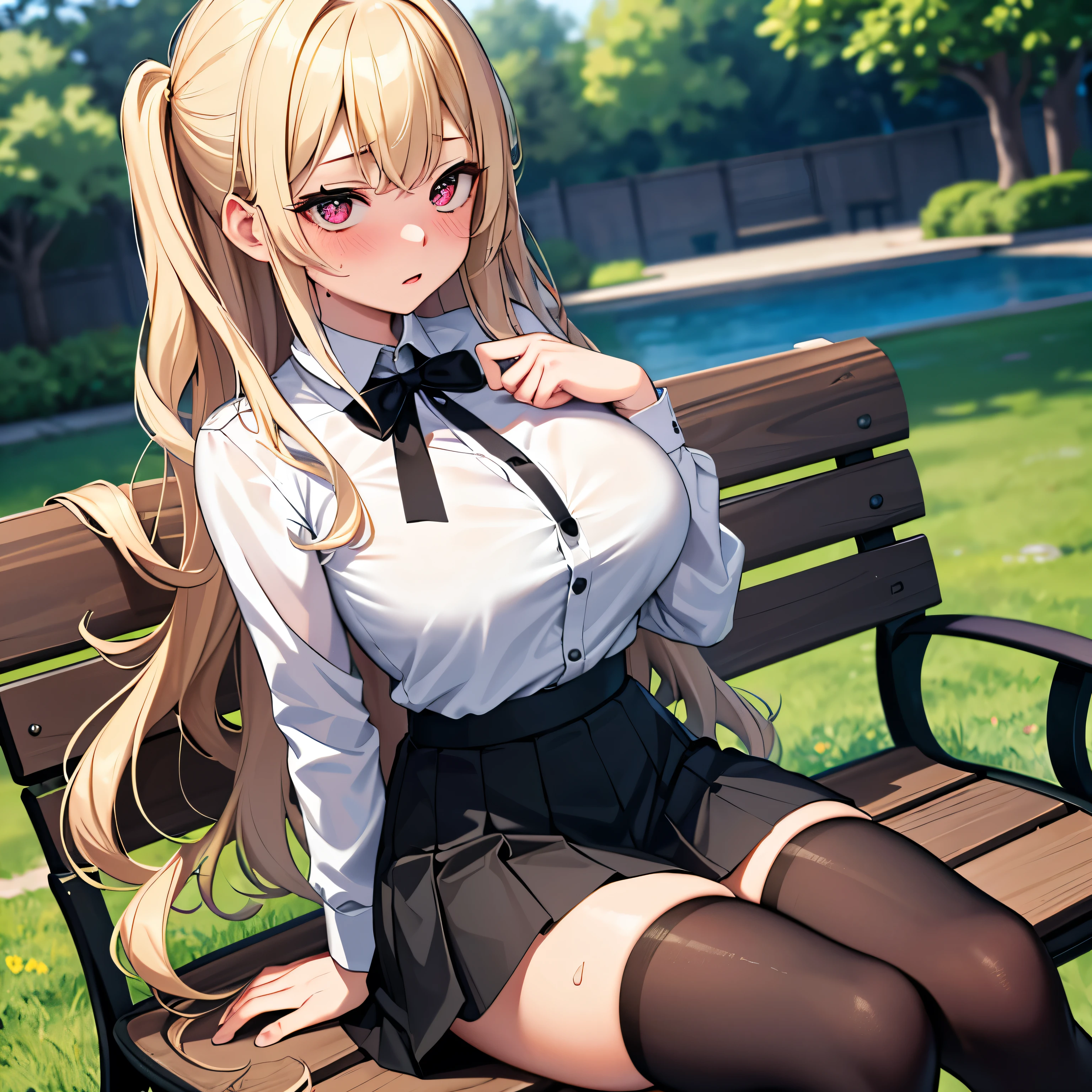 (masterpiece,highest quality, detailed), One girl, alone, Park bench,Clear skies, black tights, （Turn over your clothes:1.5), Sweat, Ahegao, Roll your eyes, blush, naked、Blonde,Messy wavy long hair,open chest white shirt、A tight-fitting shirt、Black flared skirt、Big Breasts