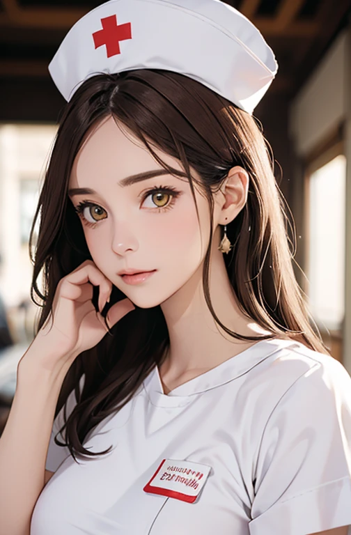Nurse , in hospital , detailed hand , high quality, super quality, detailed face, beautiful woman , golden eyes, long hair , huge breast , gorgeous dress, wearing white nurse costume , nurse cap, sharpe eyebrow , (brown hair:1.4)