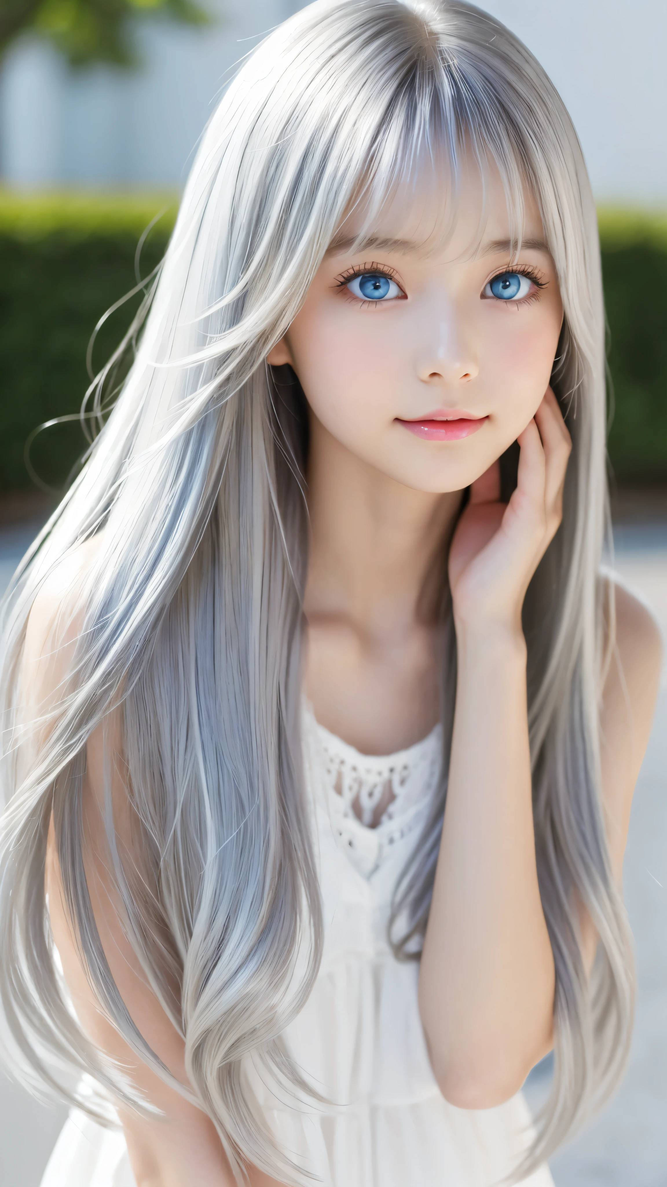 Shining, clear, white skin、Her windblown silver hair hides her beautiful face.、huge、28 years old cute sexy little beautiful face、Beautiful straight hair that stands out、growing up, Sparkling light blue eyes、long silky bangs that cover cute eyes, Sexy and cute young woman with super long hair hiding her sexy face、Shining silver hair
