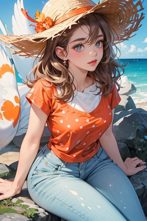She is a light blue  with pale, salmon-lavender lips. On top of her head, she has light brown hair with a tan Mr. Sea Chicken hat. She wears an orange-red shirt with white polka dots and dark blue pants. SPARKLE; GLITTER