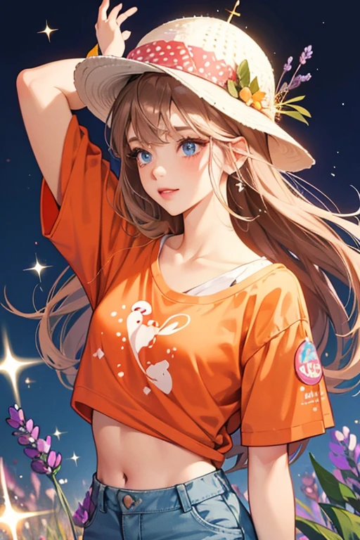 She is a light blue with pale, salmon-lavender lips. On top of her head, she has light brown hair with a tan Mr. Sea Chicken hat. She wears an orange-red shirt with white polka dots and dark blue pants. SPARKLE; GLITTER