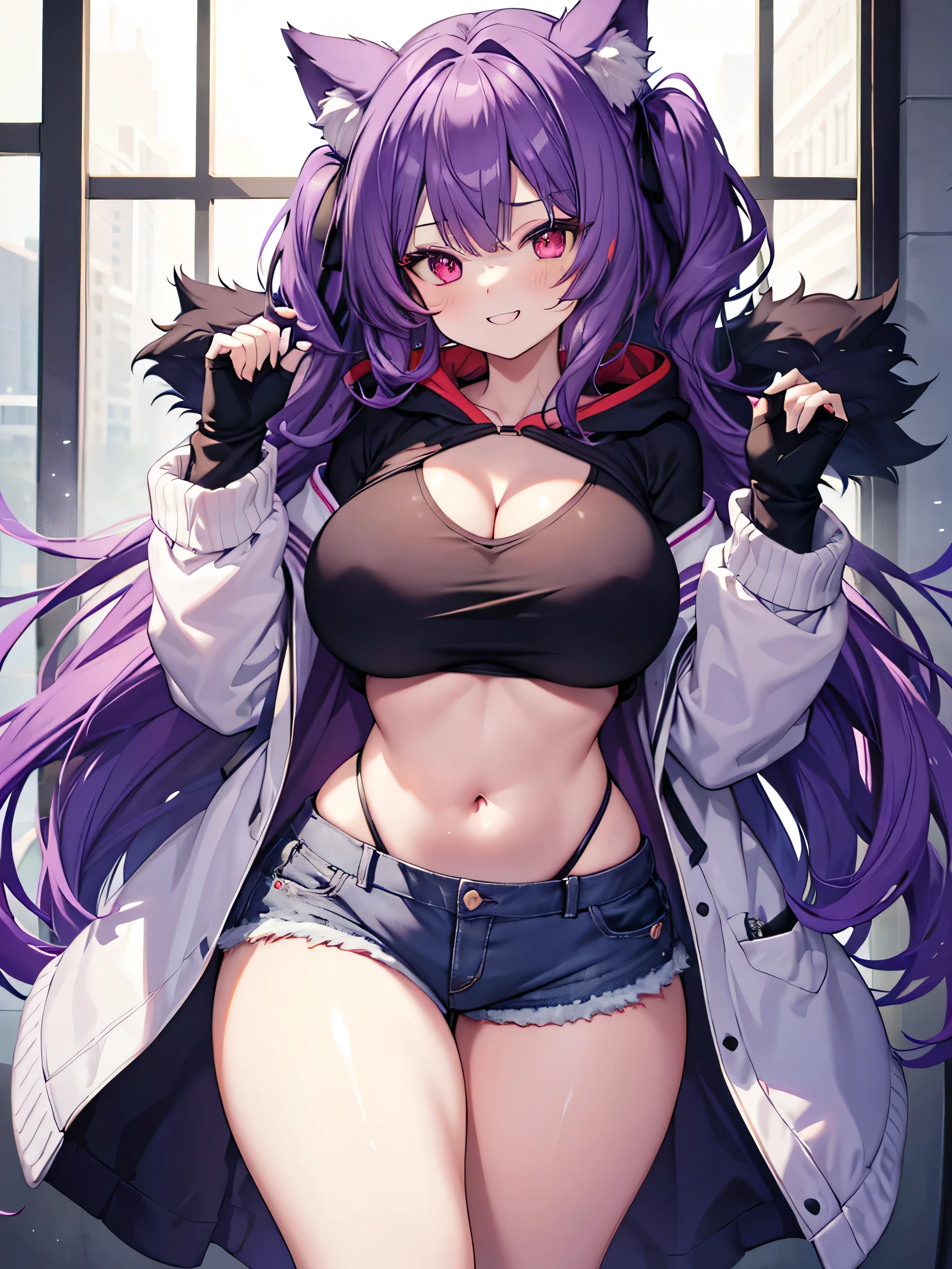 Wolf Girl, Large Breasts, Voluminous purple hair, masterpiece , Red eyes, hd, Thick thighs, Head to Chest, buried in my chest、Underboob、Double teeth、tooth、camisole、Chubby、Grinning、Shorts、hoodie