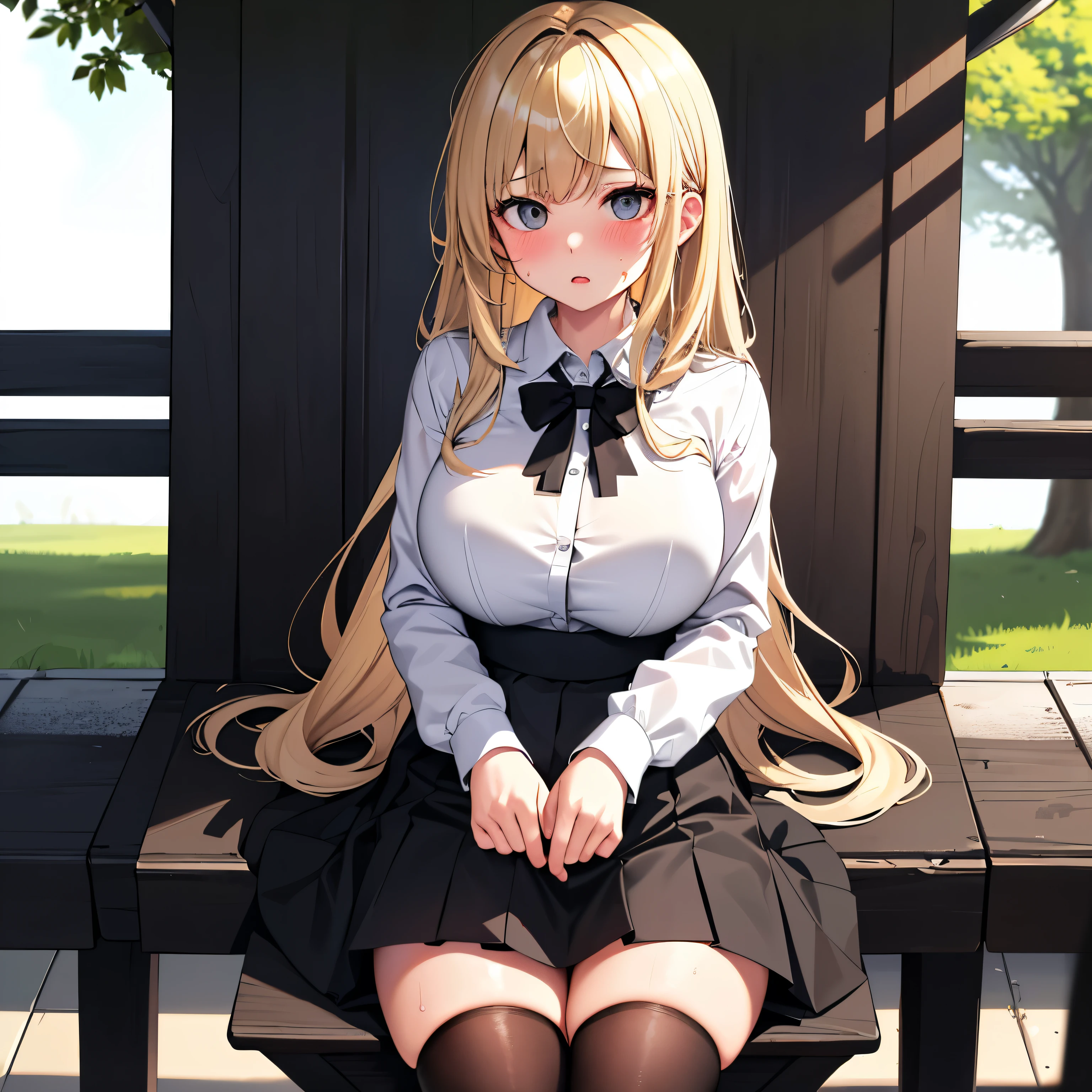 (masterpiece,highest quality, detailed), One girl, alone, Park bench,Clear skies, black tights, I lifted my clothes and my belly button was exposed, Sweat, Ahegao, Roll your eyes, blush, naked、Blonde,Messy wavy long hair,open chest white shirt、A tight-fitting shirt、Black flared skirt、Big Breasts