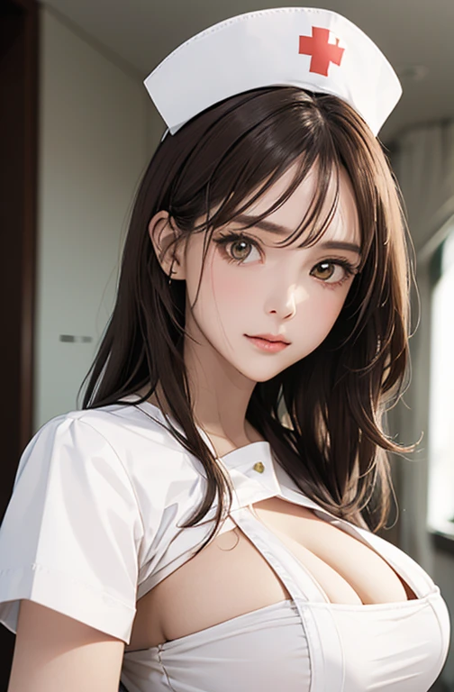 Nurse , in hospital , detailed hand , high quality, super quality, detailed face, beautiful woman , golden eyes, long hair , huge breast , gorgeous dress, wearing white nurse costume , nurse cap, sharpe eyebrow , (brown hair:1.4)
