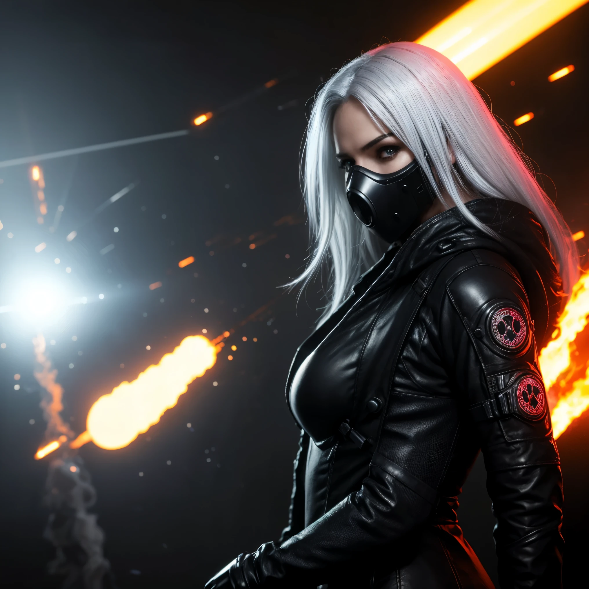 ((Realistisch, best quality, Meisterwerk: 1.3)), cyberpunk woman with cyberpunk mask, cyber suit, close up face, white hair, gasmask, dark atmosphere, cyberpunk city background, movie poster, cd cover, cinematic view, inferno, fire, sparks, smoke, upper body, dark, apokalypse, hell, explosions, album cover look, neon lights light effects,