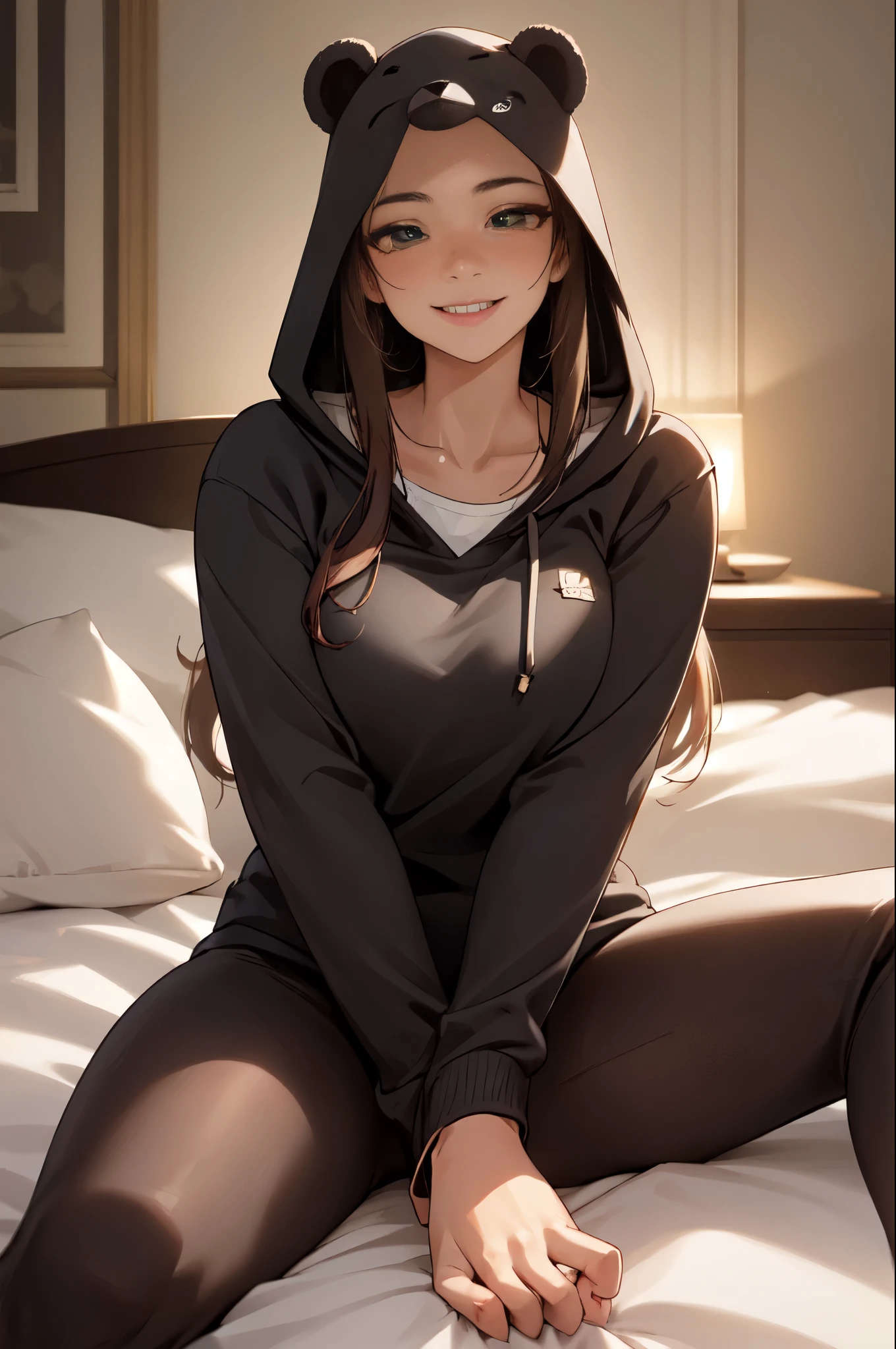 beautiful, (masterpiece), highest quality, (extremely detailed face), extremely detailed eyes,  Perfect lighting, Overall detailed, detailed, Deep Skin,Textured skin,
,bear costume ,black bear costume, Long sleeve, Wearing a hood,,mallow , Long Hair, Green Eyes, Big smile,On the bed ,sitting between pillows,
,