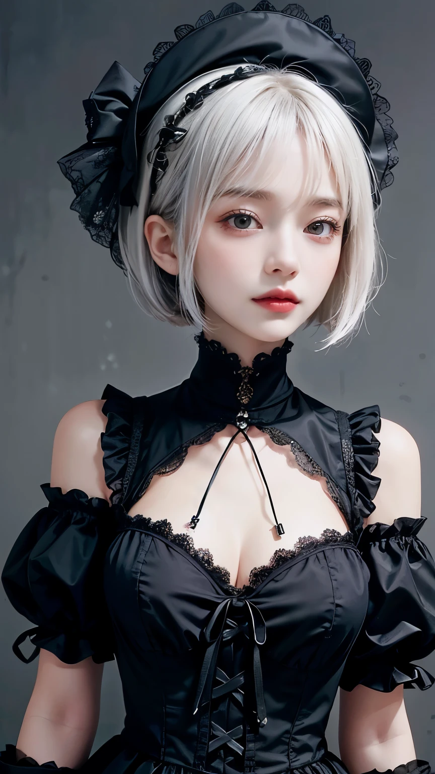 Please draw a super beautiful girl with short white bob hair wearing a gothic ta outfit.。She exudes an elegant and dark vibe.、She exudes a unique beauty in Gothic Loliashion.。Her white hair is tied up in a neat short bob.、It highlights her individuality and sophisticated beauty.。 Her gothic lolita ots are dark and luxurious in design.、It brings out her elegance and mysterious charm.。Lace and ribbon、Accents such as ruffles、It is a hallmark of her Gothic Lolita styler pose is graceful、It expresses her deep worldview hidden inside her.。 Her eyes shine with mystery、Combined with her charming smile、It highlights her individuality and charm.。Her smile has a unique charm、She shows her confidence and sophisticated beauty in Gothic Lolita fashion.。appearance is美しく、Her presence stands out in the world of Gothic Lolita.。 This super tiful girl with white short bob hair and gothic lolita style is、It has aque charm and sophisticated beauty.。Her appearance is、Her presence and charm in the world of Gothic Lolita fashion are fused togr.、It's a fascinating and mysterious sight.。