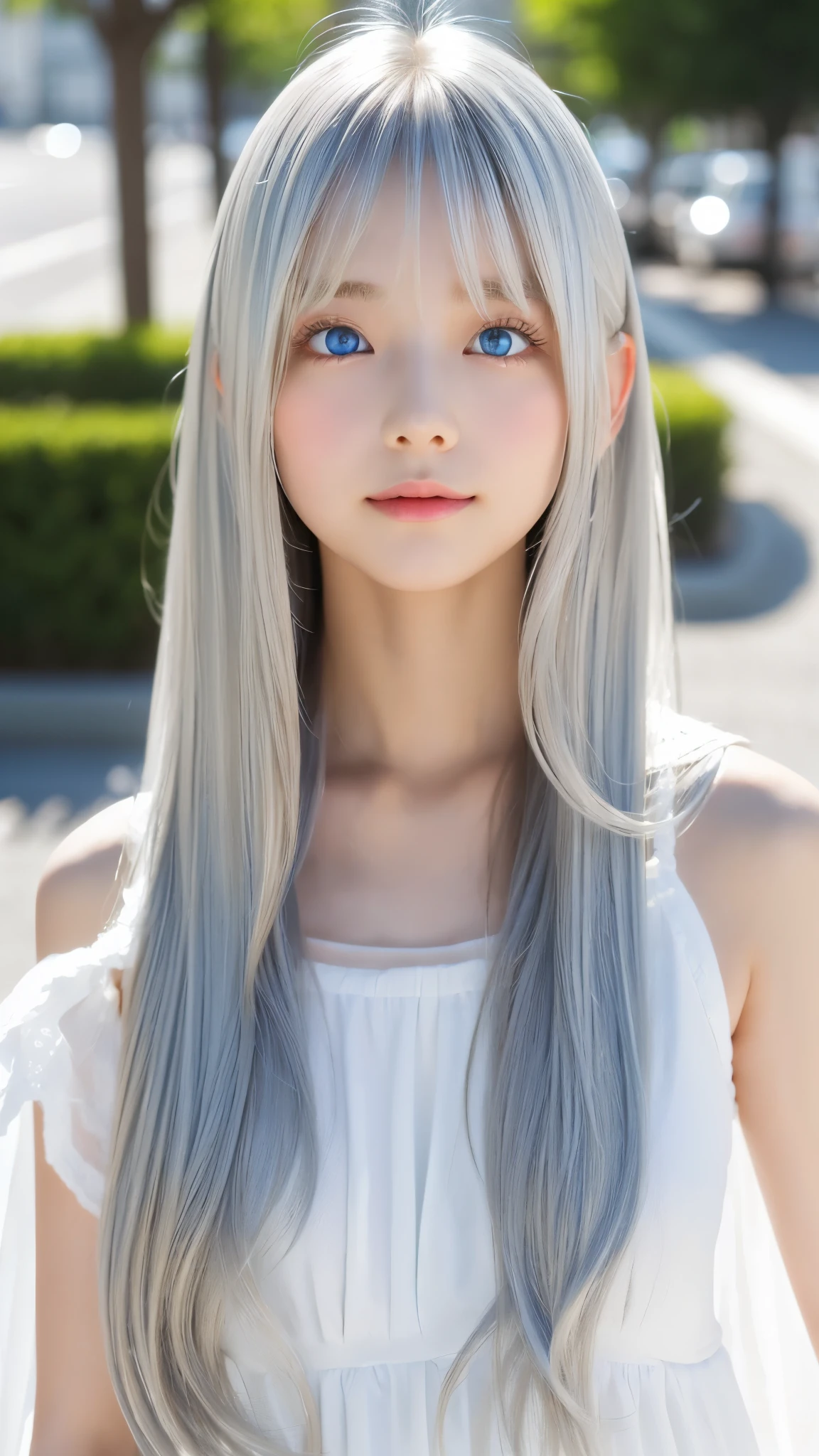 Shining, clear, white skin、Her windblown silver hair hides her beautiful face.、huge、28 years old cute sexy little beautiful face、Beautiful straight hair that stands out、growing up, Sparkling light blue eyes、long silky bangs that cover cute eyes, Sexy and cute young woman with super long hair hiding her sexy face、Shining silver hair