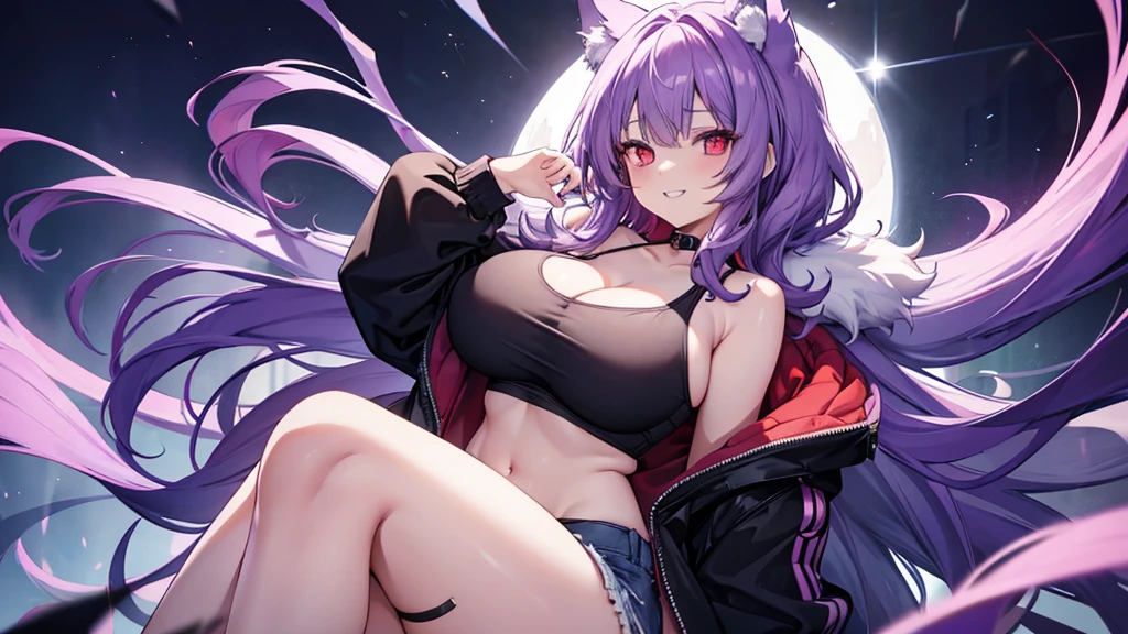 Wolf Girl, Large Breasts, Voluminous purple hair, masterpiece , Red eyes, hd, Thick thighs, Head to Chest, buried in my chest、Underboob、Double teeth、tooth、camisole、Chubby、Grinning、Shorts、hoodie