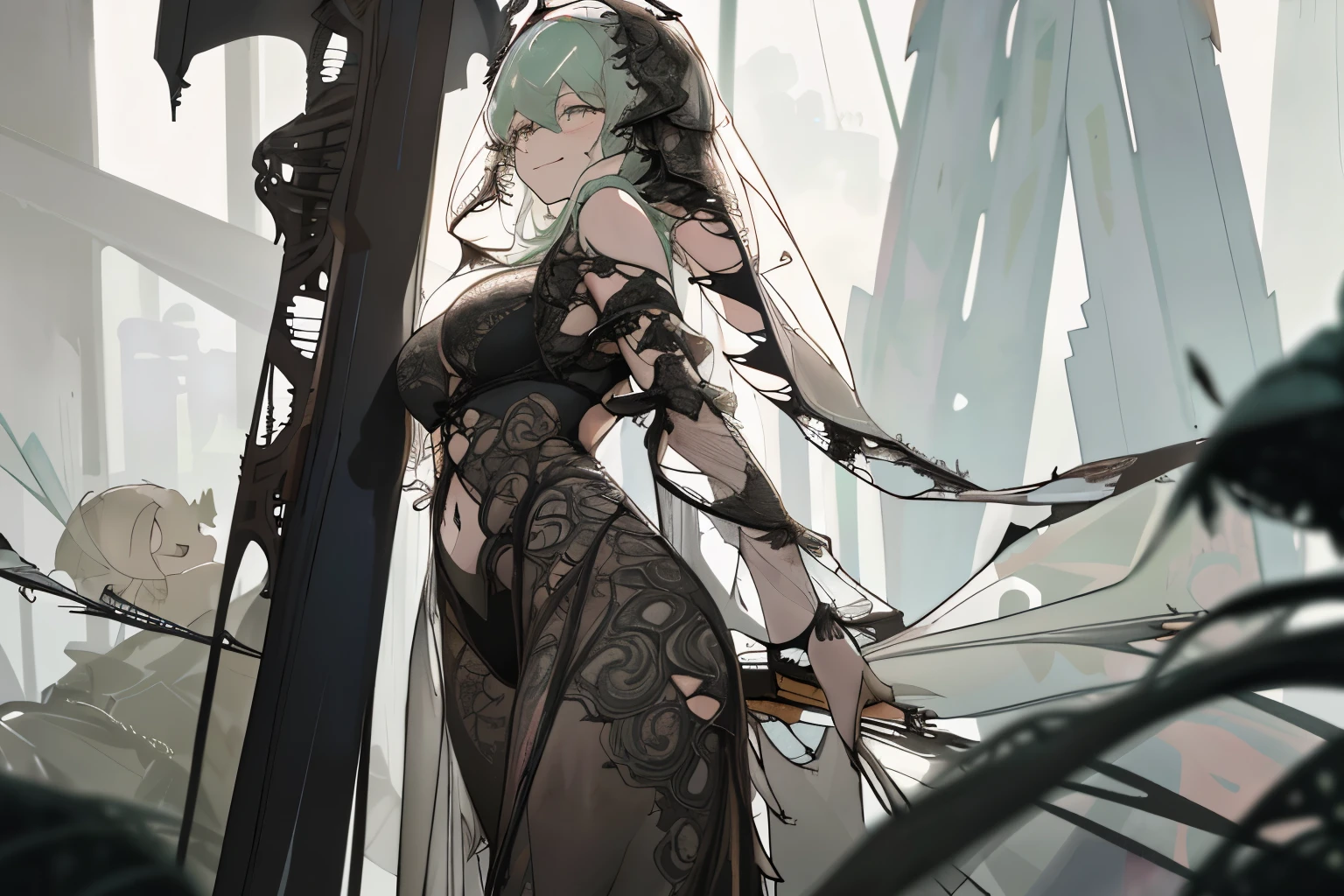 2 sexy nun oneesama ,{{{{{ heavily torn clothes (see-through langerie:1.7)}}}}}   ,Clothes with ornate embroidery are slit on the sides、It is divided into front and rear, embarrassed  dynamic pose, cutout chest, Shooting from the front, bare navel, Bare shoulder, ,off shoulders,  pull down pants, show off breasts, {{{large full breasts}}}, {{{{{{ comic magazine}}}}}},Unzip, exoskeleton, hold  massive weapon ,Back shot,{{{{bare hip}}}},backless,Bottomless,one futuristic race car,Science fiction,ridicule and scorn smile,chies