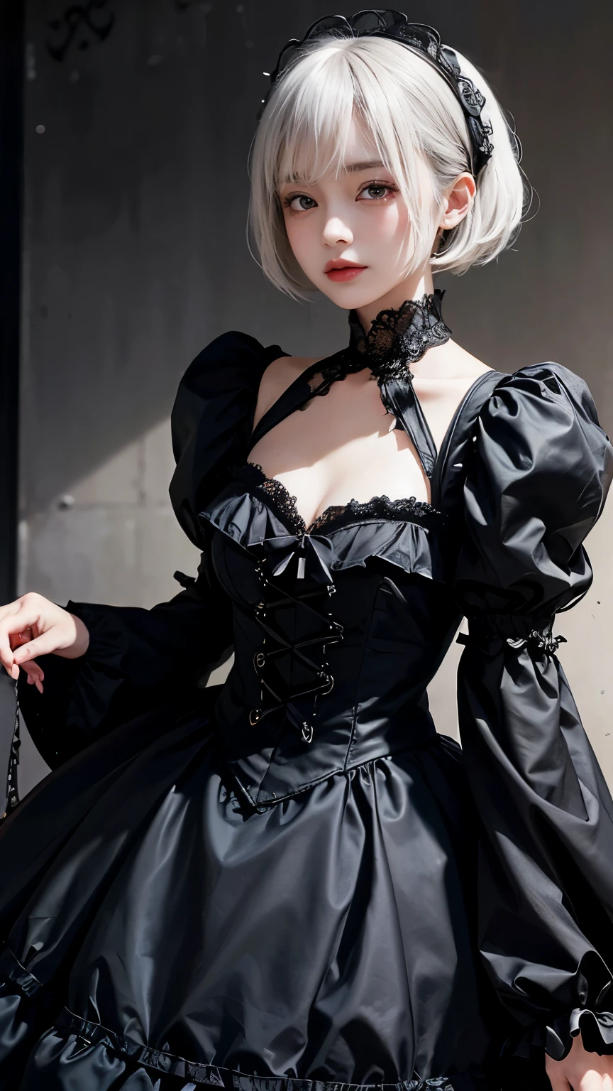 Please draw a super beautiful girl with short white bob hair wearing a gothic ta outfit.。She exudes an elegant and dark vibe.、She exudes a unique beauty in Gothic Loliashion.。Her white hair is tied up in a neat short bob.、It highlights her individuality and sophisticated beauty.。

Her gothic lolita ots are dark and luxurious in design.、It brings out her elegance and mysterious charm.。Lace and ribbon、Accents such as ruffles、It is a hallmark of her Gothic Lolita styler pose is graceful、It expresses her deep worldview hidden inside her.。

Her eyes shine with mystery、Combined with her charming smile、It highlights her individuality and charm.。Her smile has a unique charm、She shows her confidence and sophisticated beauty in Gothic Lolita fashion.。appearance is美しく、Her presence stands out in the world of Gothic Lolita.。

This superutiful girl with white short bob hair and gothic lolita style is、It has aque charm and sophisticated beauty.。Her appearance is、Her presence and charm in the world of Gothic Lolita fashion are fused togr.、It&#39;s a fascinating and mysterious sight.。