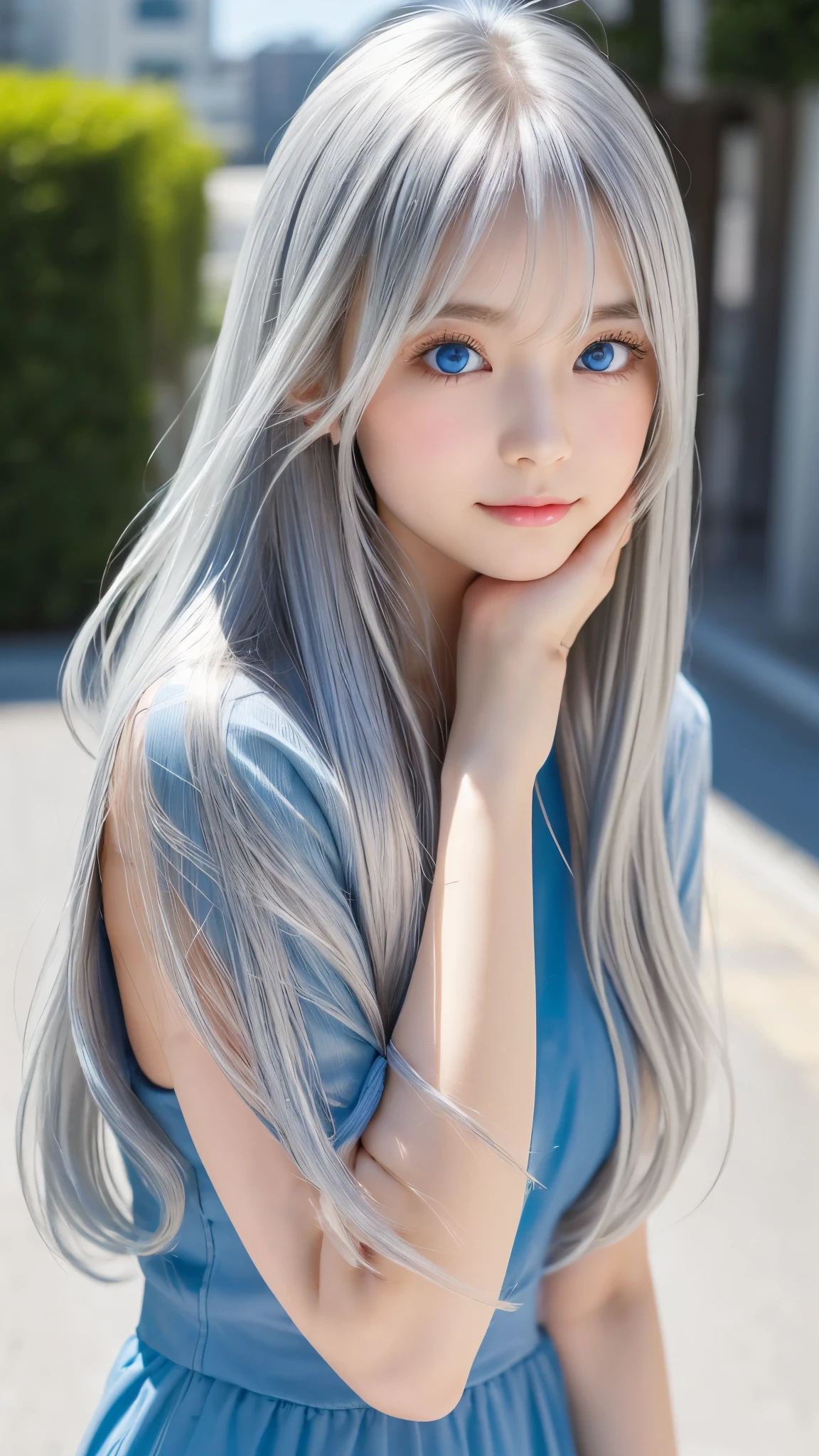 Shining, clear, white skin、Her windblown silver hair hides her beautiful face.、huge、28 years old cute sexy little beautiful face、Beautiful straight hair that stands out、growing up, Sparkling light blue eyes、long silky bangs that cover cute eyes, Sexy and cute young woman with super long hair hiding her sexy face、Shining silver hair