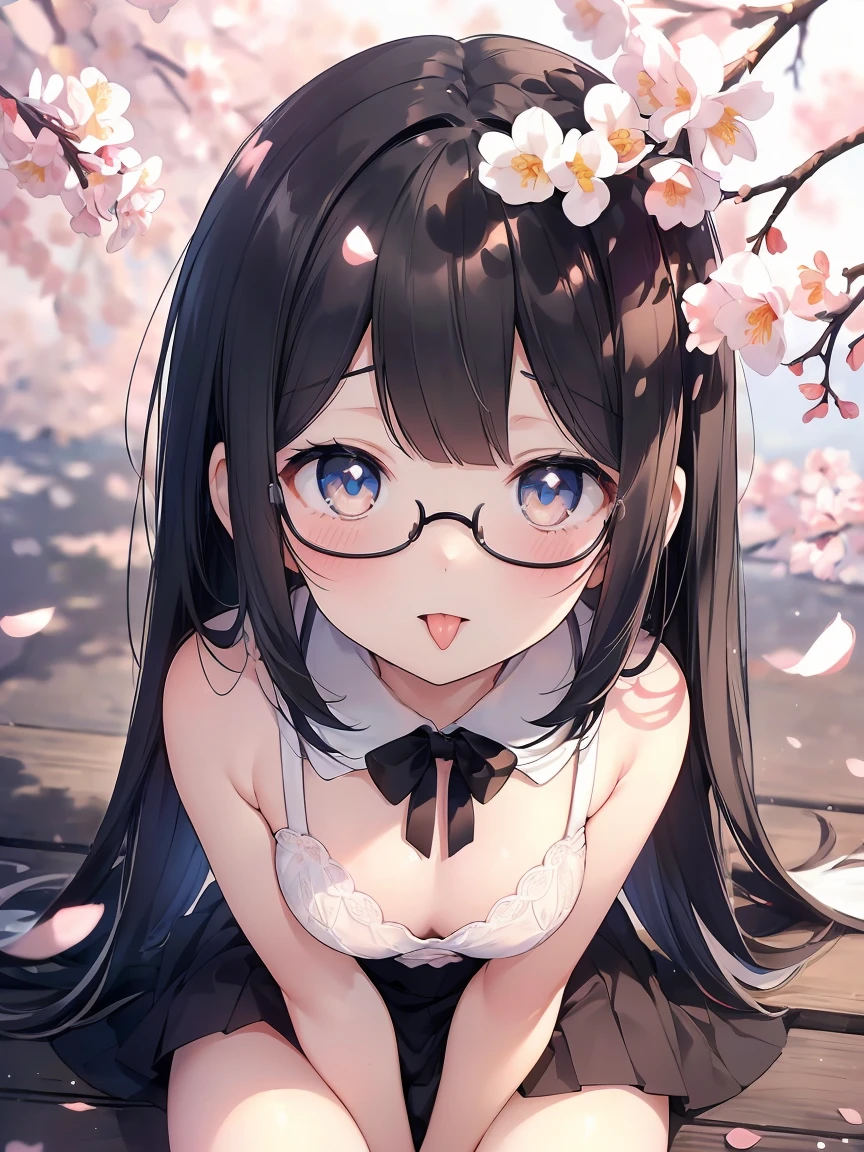 Very detailed, highest quality, High resolution, Moe Anime, ((A cute girl with black hair and droopy eyes is wearing round glasses.)), (Baby Face), Cute eyes, Detailed eye depiction, Sparkle in the eyes, View your viewers, Pale skin, (Big eyes:1.4), smile, Focus on the face, In the park with cherry blossoms falling, Sitting, (Extreme close up of tongue), (((From above))), Open your mouth, (((Face only:1.3))), ((White Lingerie)), Bright Eyes, Light from the front, (Put your hands between your legs:1.4)