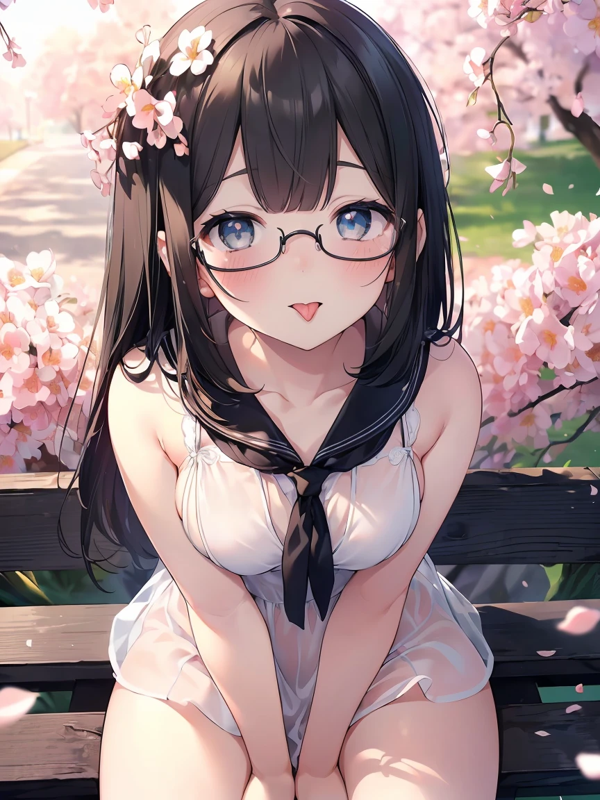 Very detailed, highest quality, High resolution, Moe Anime, ((A cute girl with black hair and droopy eyes is wearing round glasses.)), (Baby Face), Cute eyes, Detailed eye depiction, Sparkle in the eyes, View your viewers, Pale skin, (Big eyes:1.4), smile, Focus on the face, In the park with cherry blossoms falling, Sitting, (Extreme close up of tongue), (((From above))), Open your mouth, (((Face only:1.3))), ((White Lingerie)), Bright Eyes, Light from the front, (Put your hands between your legs:1.4)