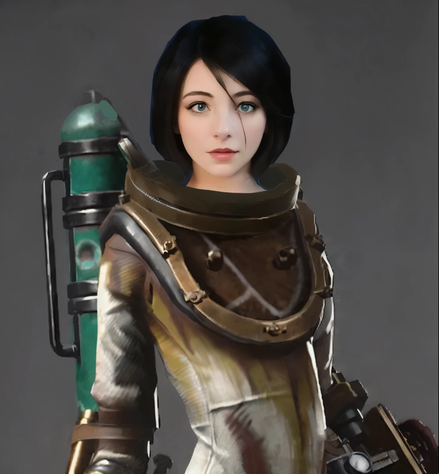 portrait of a beautiful young woman with short black hair and blue eyes in a space suit with a teal oxygen tank on her back, bioshock style, scifi woman, tia lockhart, deep sea diver suit,