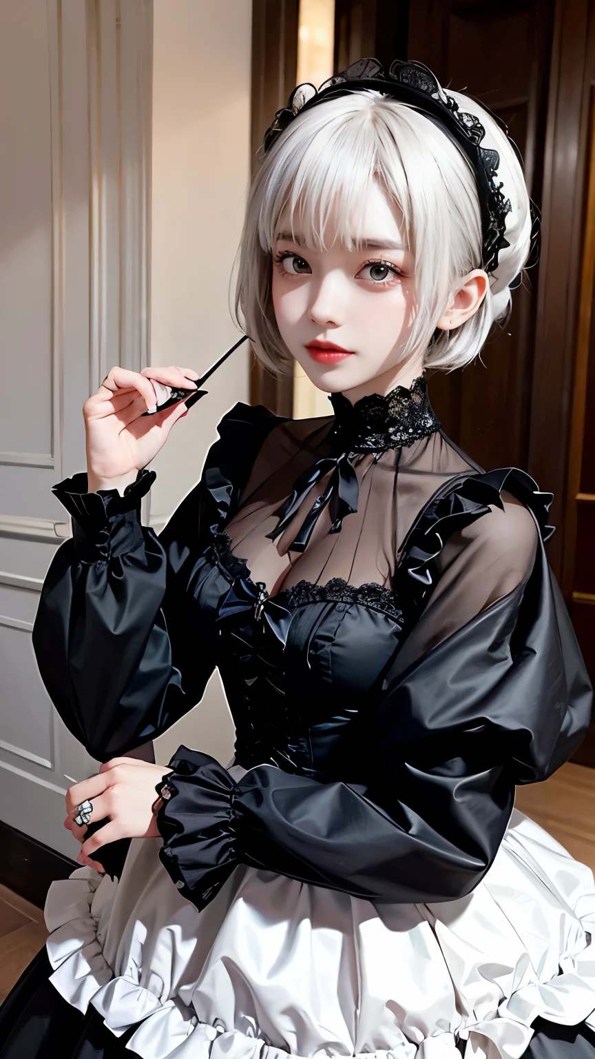 Please draw a super beautiful girl with short white bob hair wearing a gothic ta outfit.。She exudes an elegant and dark vibe.、She exudes a unique beauty in Gothic Loliashion.。Her white hair is tied up in a neat short bob.、It highlights her individuality and sophisticated beauty.。
Her gothic lolita ots are dark and luxurious in design.、It brings out her elegance and mysterious charm.。Lace and ribbon、Accents such as ruffles、It is a hallmark of her Gothic Lolita styler pose is graceful、It expresses her deep worldview hidden inside her.。
Her eyes shine with mystery、Combined with her charming smile、It highlights her individuality and charm.。Her smile has a unique charm、She shows her confidence and sophisticated beauty in Gothic Lolita fashion.。appearance is美しく、Her presence stands out in the world of Gothic Lolita.。
This superutiful girl with white short bob hair and gothic lolita style is、It has aque charm and sophisticated beauty.。Her appearance is、Her presence and charm in the world of Gothic Lolita fashion are fused togr.、It's a fascinating and mysterious sight.。