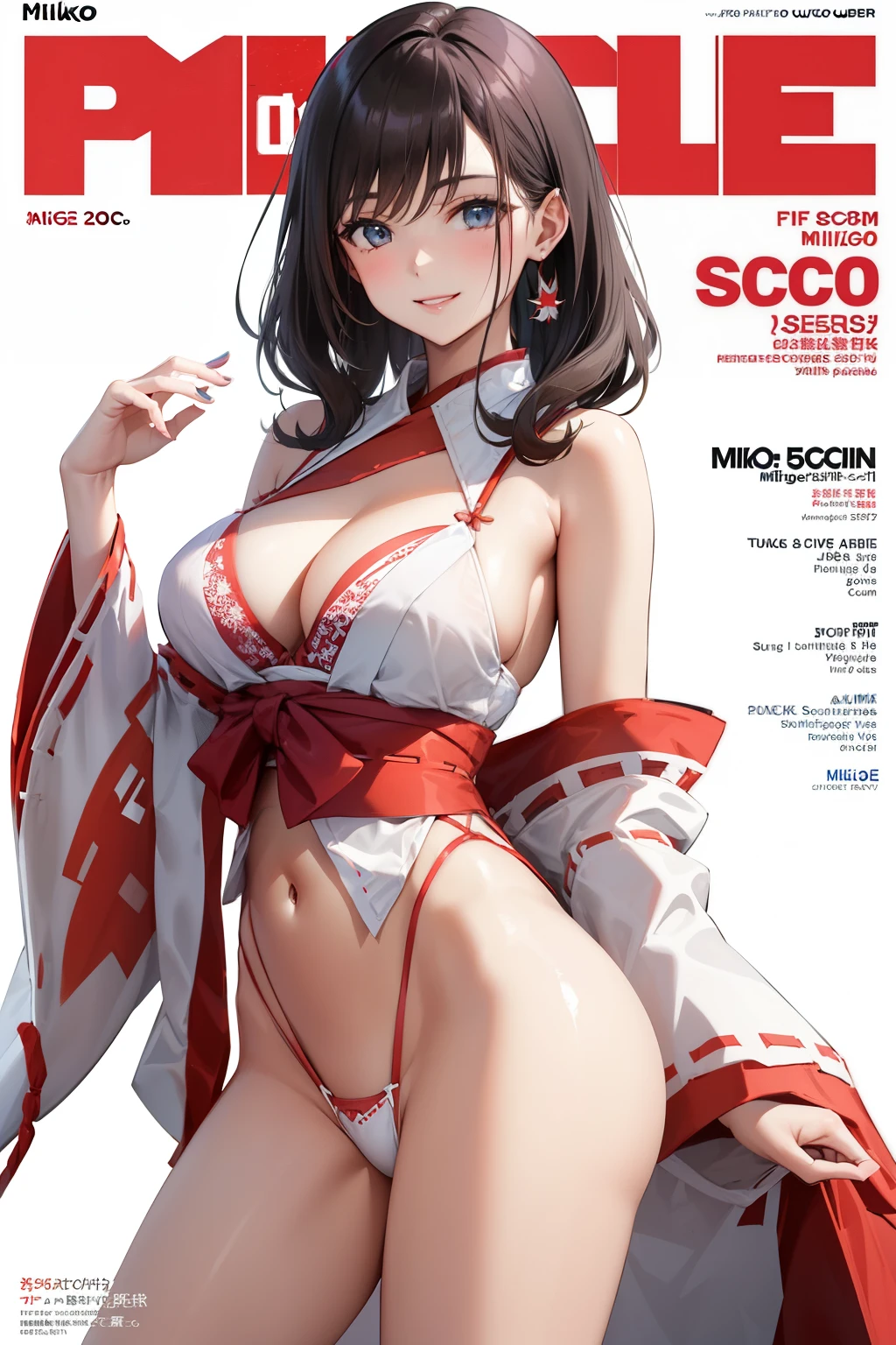 , ( 5 milf idol girls alongside ), magazine cover, multiple girls, 18-years old, Looking afar, white background, simple background, lingerie under costume, (miko:1.4), ( Tuck Up costume:1.4),(thong panty ), (Big breasts), Black hair, Blonde hair, Beige hair, (scorn smile:1.3), Even before shooting,