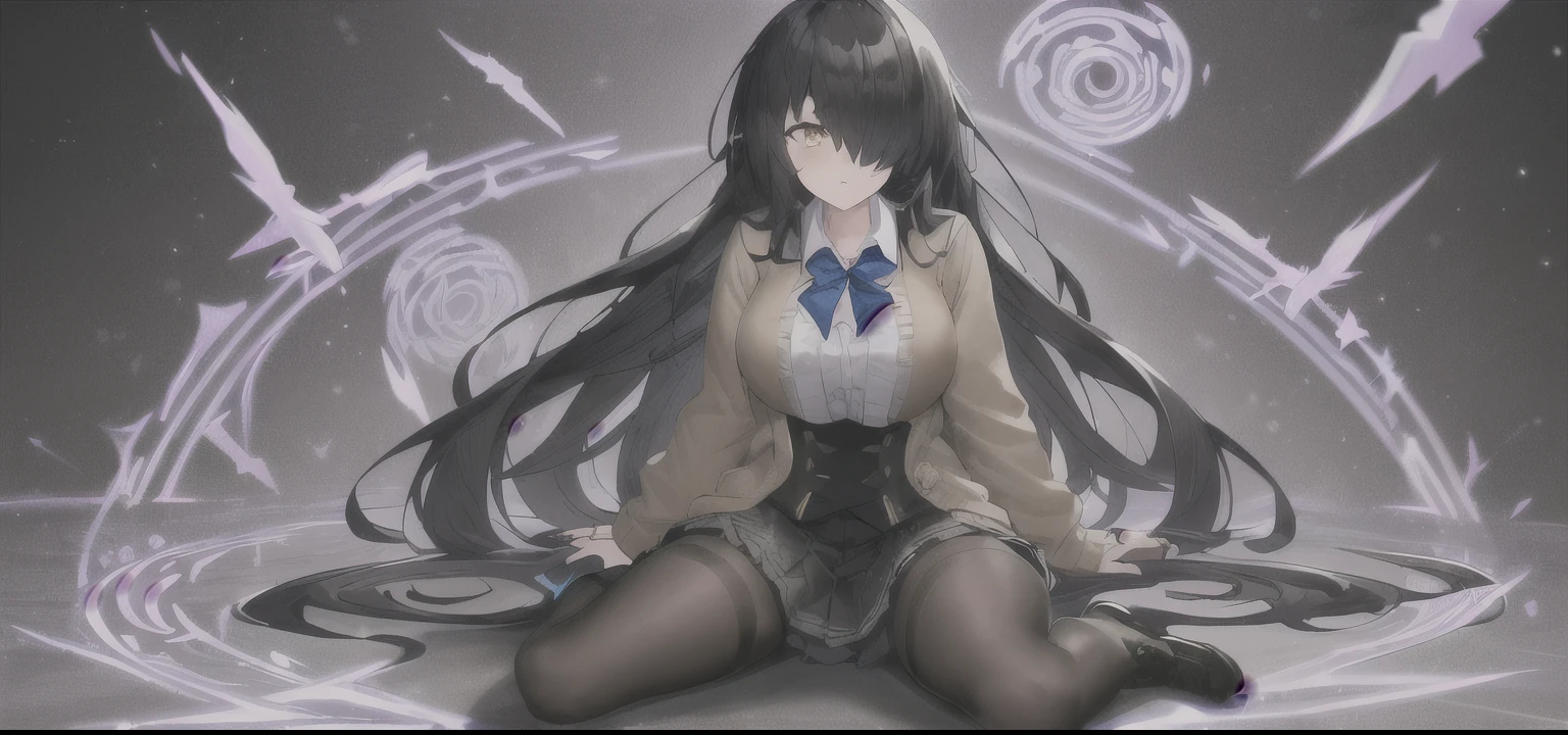 (masterpiece), 1girl, ((black hair)), large chest, messy hair, long hair, golden yellow eyes, star-based design, cardigan, black long gloves, ((school uniform)), brown shoes, skirt, black leg tights, leg warmers, spiral swirls in eyes, ((ring eyes)), ((left eye hidden)), bangs over left eye, ribbons, frills, lace, corset, ((one eye hidden)), full body