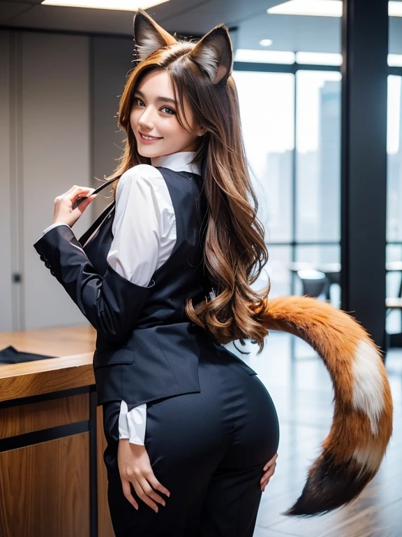 ((highest quality)), ((masterpiece)), (Get used to it), Perfect Face, Fox Girl, Beautiful woman, public, There is a tail, she has a fox tail, She shows off her fluffy tail, smile, collar, She wears a business suit, Beautiful ass, His tail is sticking out from his business suit