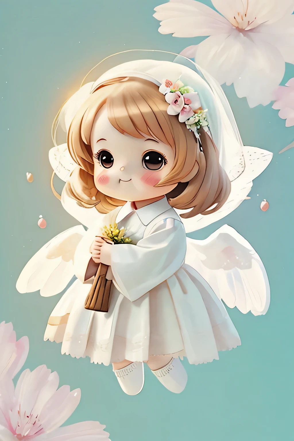 watercolor girl angel, chibi, first communion, cute, full body, white background