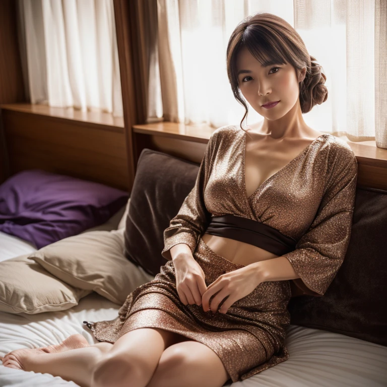 ((Realistic lighting, best qualtiy, 8k, tmasterpiece:1.3)), 1girl, Beautiful Women with Perfect Figure:1.4, Slim abs:1.1, ((dark brown hair)),（exteriors，during night：1.1），Sit on the indoor bed，Ultra-fine face，Fine eyes，double eyelid，Leaks out the entire delicate breast, 50 years old, Japanese lady, wearing Japanese clothing, show whole body from top to legs