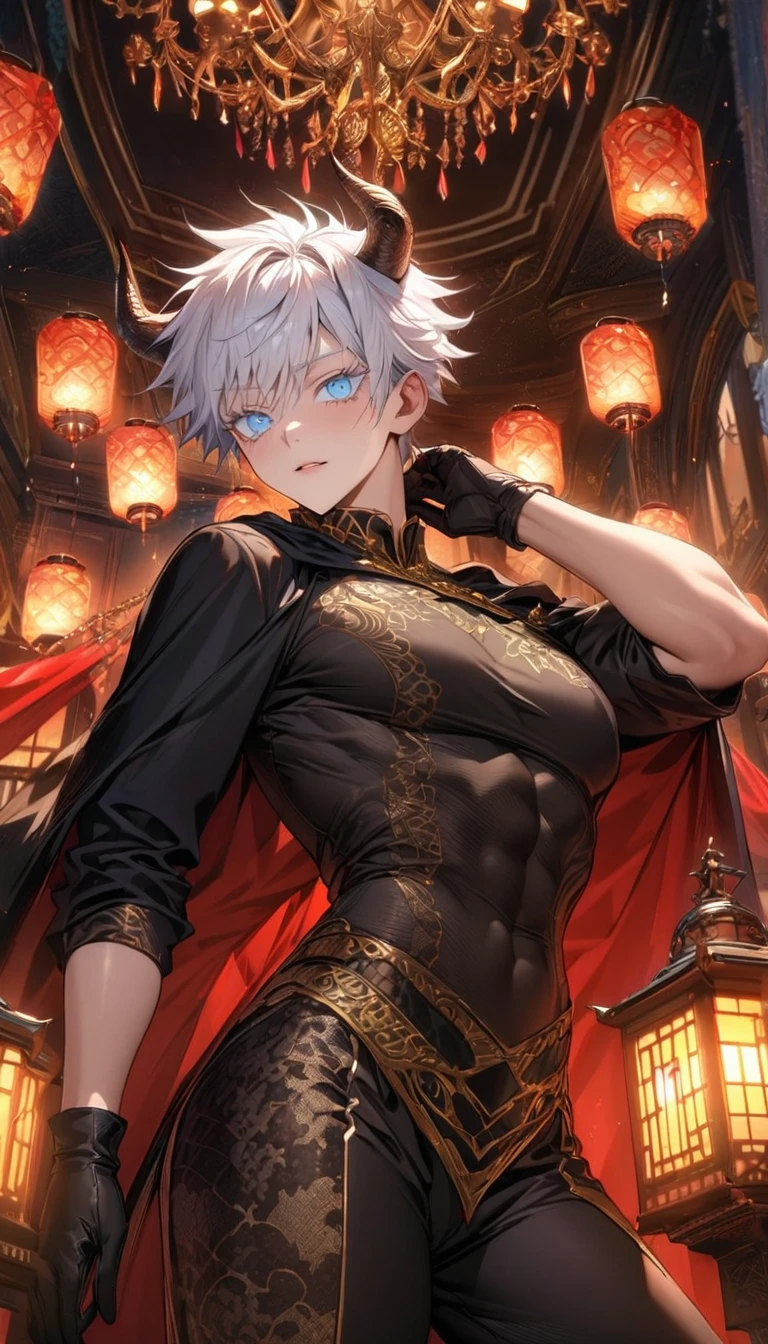 ultra detailed, Highres, absurdres, HDR, masterpiece, extremely detailed face and eyes, perfect face, Gojou Satoru, white hair with bangs, expressive blue eyes, white eyelashes, fantasy world, fantasy prince clothes with patterns, black demon horns, Jujutsu Kaisen, black cape, black gloves, red shining lanterns, window, red curtains, tight shirt, extremely handsome, sexy man, solo, chandelier, golden patterns, black pants,