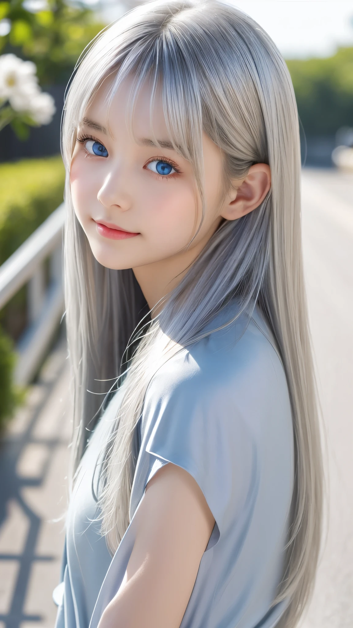 Shining, clear, white skin、Her windblown silver hair hides her beautiful face.、huge、28 years old cute sexy little beautiful face、Beautiful straight hair that stands out、growing up, Sparkling light blue eyes、long silky bangs that cover cute eyes, Sexy and cute young woman with super long hair hiding her sexy face、Shining silver hair