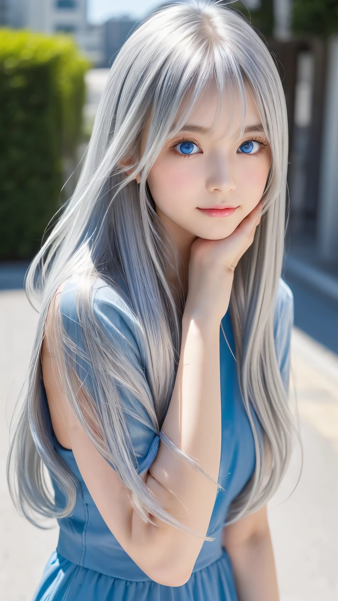 Shining, clear, white skin、Her windblown silver hair hides her beautiful face.、huge、28 years old cute sexy little beautiful face、Beautiful straight hair that stands out、growing up, Sparkling light blue eyes、long silky bangs that cover cute eyes, Sexy and cute young woman with super long hair hiding her sexy face、Shining silver hair