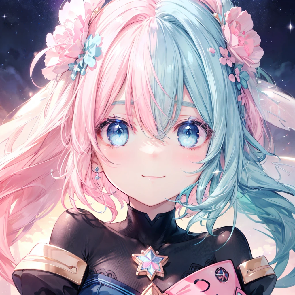 highest quality、highest quality、8K、Ultra-high resolution、highest quality、Super detailed、Perfect Face、Very detailed、Very delicate、1 girl、((solo))、Gorgios、Soft Hair、Shoulder-length hair、Medium Hair((Light blue on the left、The right is pink))、((Light blue eyes))、smile、Mouth closed、Expressive eyes、Colorful eyes、contrast、Shadow、Digital Art、Shining Eyes、Detailed face、Detailed eyes、Detailed Background、Star Fairy、kind、Heartwarming、kawaii tech、
