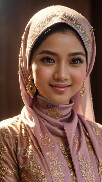 (best quality, highres, ultra-detailed, realistic:1.37), vibrant colors, soft lighting, seamless background, delicate brushwork, Malay cultural motifs, graceful and confident pose, feminine and traditional dress, beautiful detailed eyes, intricately designed hijab, subtle smile, warm and inviting expression