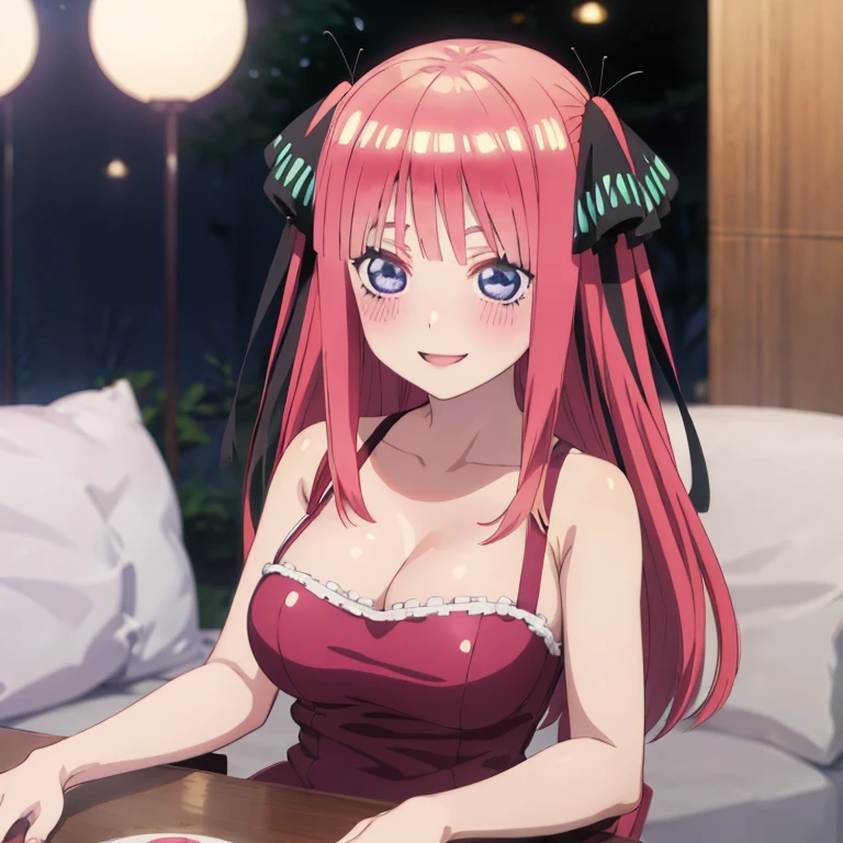 best quality, ultra-detailed masterpiece, anime art style, cute characters, nino nakano, large breasts, blush, smile