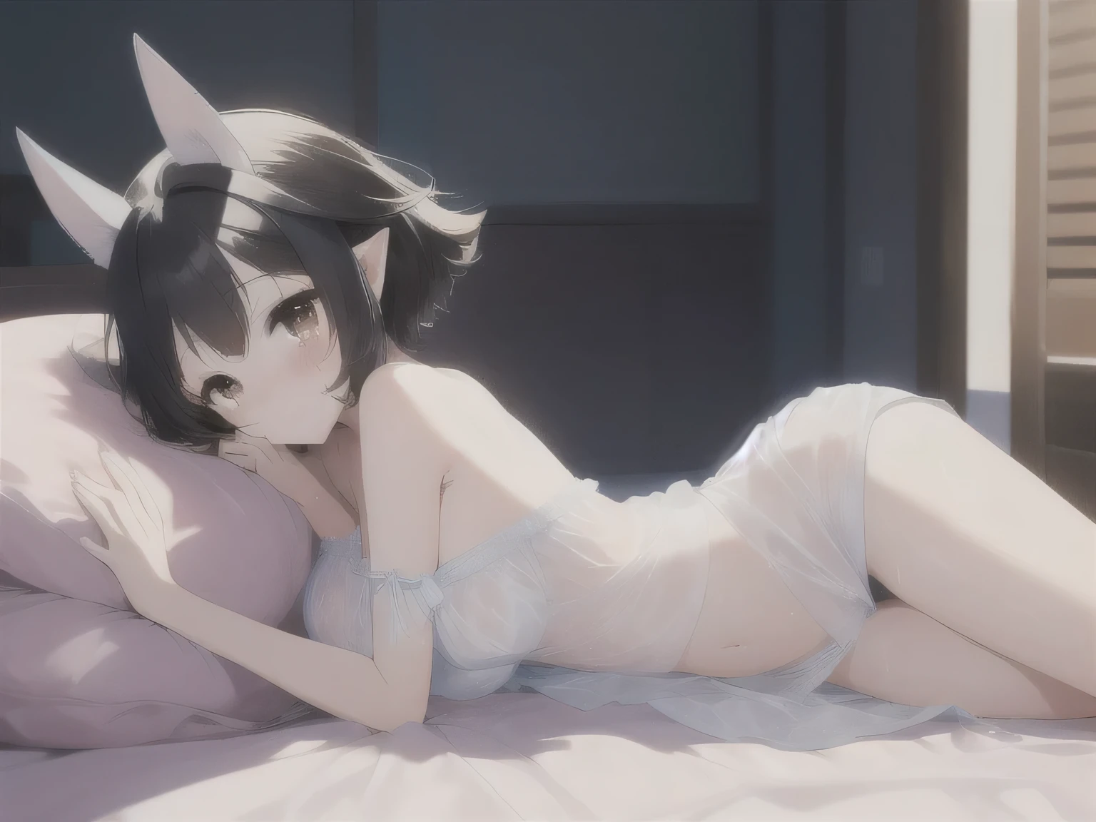 High resolution,masterpiece,highest quality,Amazing visuals,High resolution,masterpiece,highest quality,8--old,autiful fingers,Beautiful long legs,Beautiful body,Cute character design、younger sister、Hasaha、Animal ears、Black Hair、Brown eyes、Pointy Ears、short hair、Fox Ears、Animal ears、Black Hair、Brown eyes、Pointy Ears、short hair、Fox Ears、,A smile that melts,Sweaty、Tears run down my cheeks、Co-sleeping on the bed、
,（Cute off-the-shoulder see-through negligee、Cute Breasts、Thin chest、Cute belly、Squid Belly、Cute belly button、No underwear）、（Sweating profusely:1.4）、The viewer looks from the side、Be worried、Captivating thighs、
,indoor,Her Room, Amazing visuals, ,Clothes that can be seen through the light、Cute female silhouette、Whole body visible、