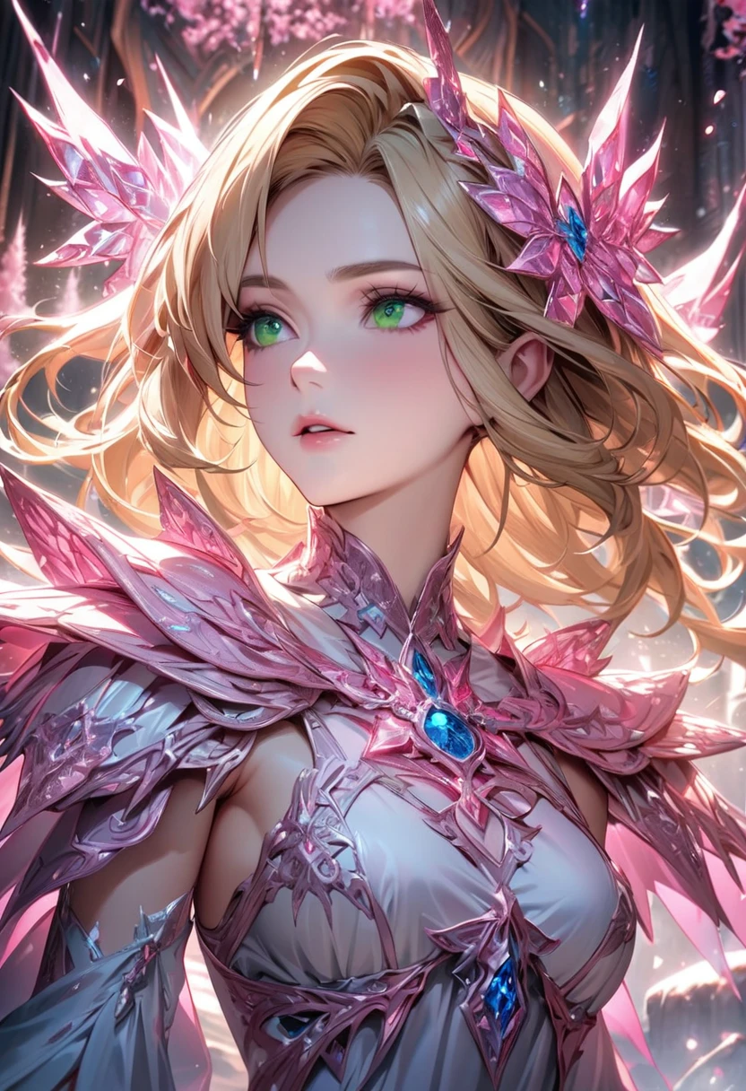 fantasy world that combines flower-punk and gem-punk, beauty elf, blonde silky straight hair with blunt bang, (attractive and seductive) and (amorous and lewd) expression, blue big eyes, glamorous proportions, wearing white knight commander costume with a large opening at the chest, background iridescent Tiffany Blue, distorted space from another dimension, conceptual installation art, (ultra detailed, absolutely resolution, best quality:1.3), 2.5D, delicate and dynamic effects, foggy filter effects, iridescent glitter effects, artistic, hyper, graphic CG digital fantasy art
