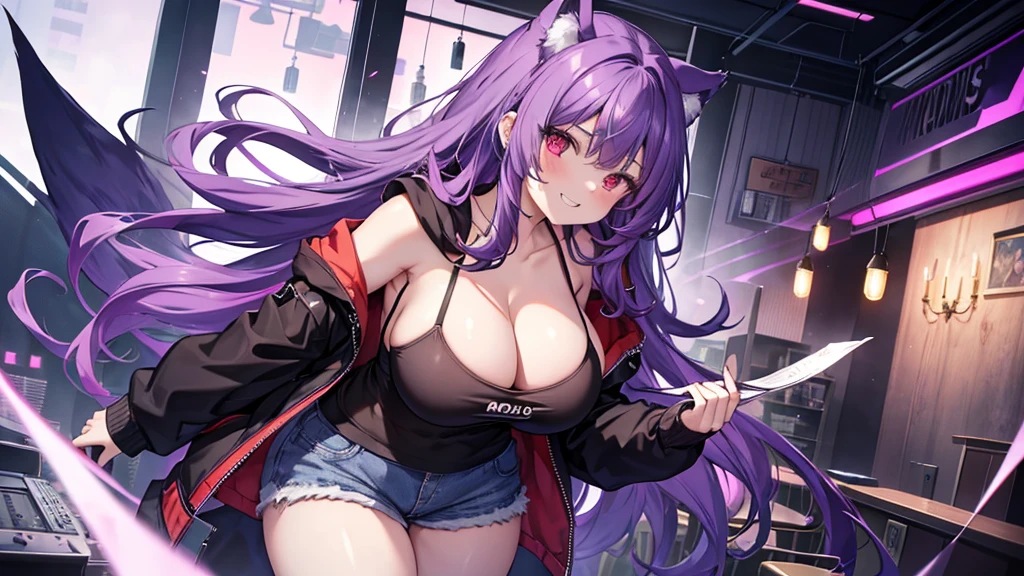Wolf Girl, Large Breasts, Voluminous purple hair, masterpiece , Red eyes, hd, Thick thighs, Head to Chest, buried in my chest、Underboob、Double teeth、tooth、camisole、Chubby、Grinning、Shorts、hoodie