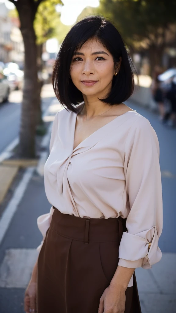 NSFW, ((highest quality)), ((8K)), ((Masterpiece: 1.3)), (Perfect appearance), (Photorealism: 1.6), (One woman in a suit standing on the sidewalk), Cityscape , Sunny, Morning, Cityscape, Sunny morning, Japanese woman, 47 years old, (Realistic skin texture)), (Overall skin fine lines: 1.3), (Skin dullness: 1.1), (Skin without moisture) : 1.2), (Wrinkles on the face: 0.9), (Wrinkles at the corners of the eyes: 1.2), Double eyelids, Tear bag on the lower eyelid, (Crying mole: 0.9), Eyes are facing towards me, Serious look, ( Dimples: 1.2), medium-length hairstyle, gentle smile, The eyes are looking here, short hairstyle, soft fabric blouse, wide sleeves, Cuffs that fit your wrist, (The hem of the blouse is tucked into the skirt: 1.2), flare skirt, high heels, (whole body: 1.4),
