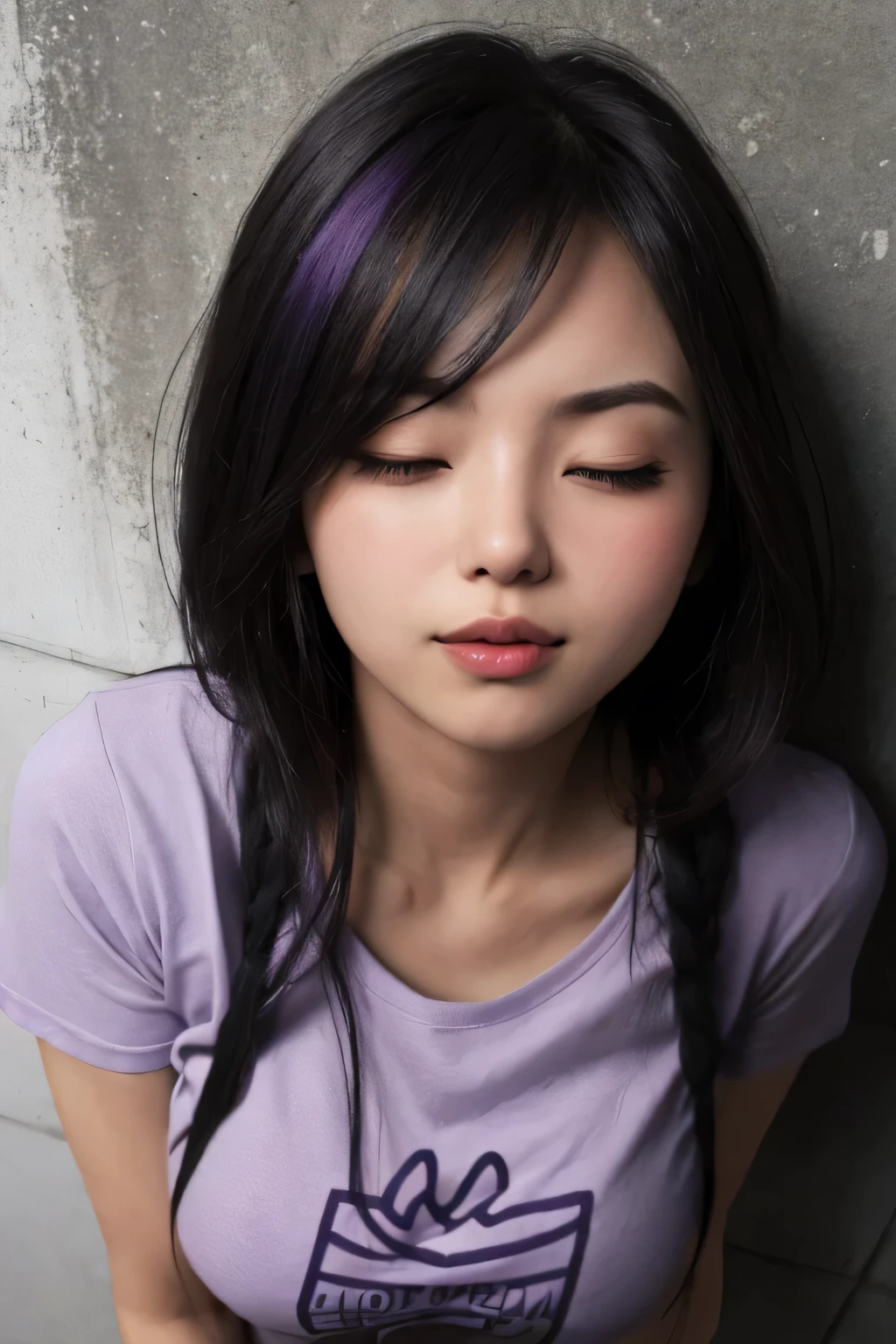 a short sexy woman wearing purple t shirt and black tracks, pinned against the wall, eyes closed, lips parted, blushing intensely, ready to kiss