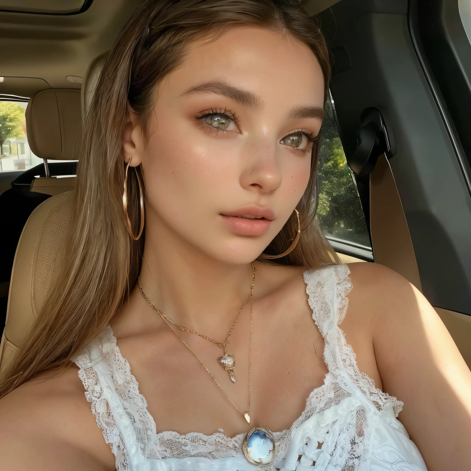 mulher em um carro com um colar e brincos, Retrato de Sophie Mudd, 18 anos de idade, rosto extremamente lindo, linda jovem modelo, retrato emily ratajkowski, cerveja madison, angelina stroganova, lindo rosto atraente, cerveja madison girl portrait, Modelo do Instagram, linda jovem, Olivia&#39;s fault, lindo rosto bem arredondado, lindo rosto delicado