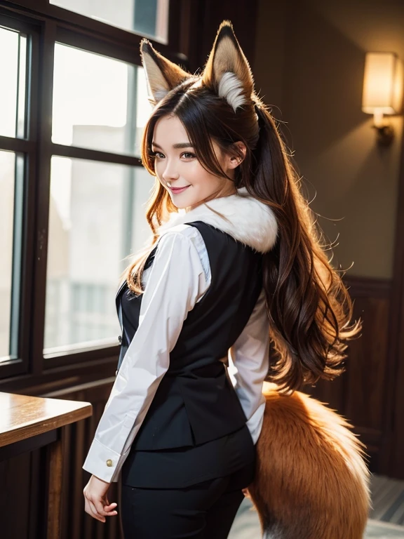 ((highest quality)), ((masterpiece)), (Get used to it), Perfect Face, Fox Girl, Beautiful woman, public, There is a tail, she has a fox tail, She shows off her fluffy tail, smile, collar, She wears a business suit, Beautiful ass, His tail is sticking out from his business suit