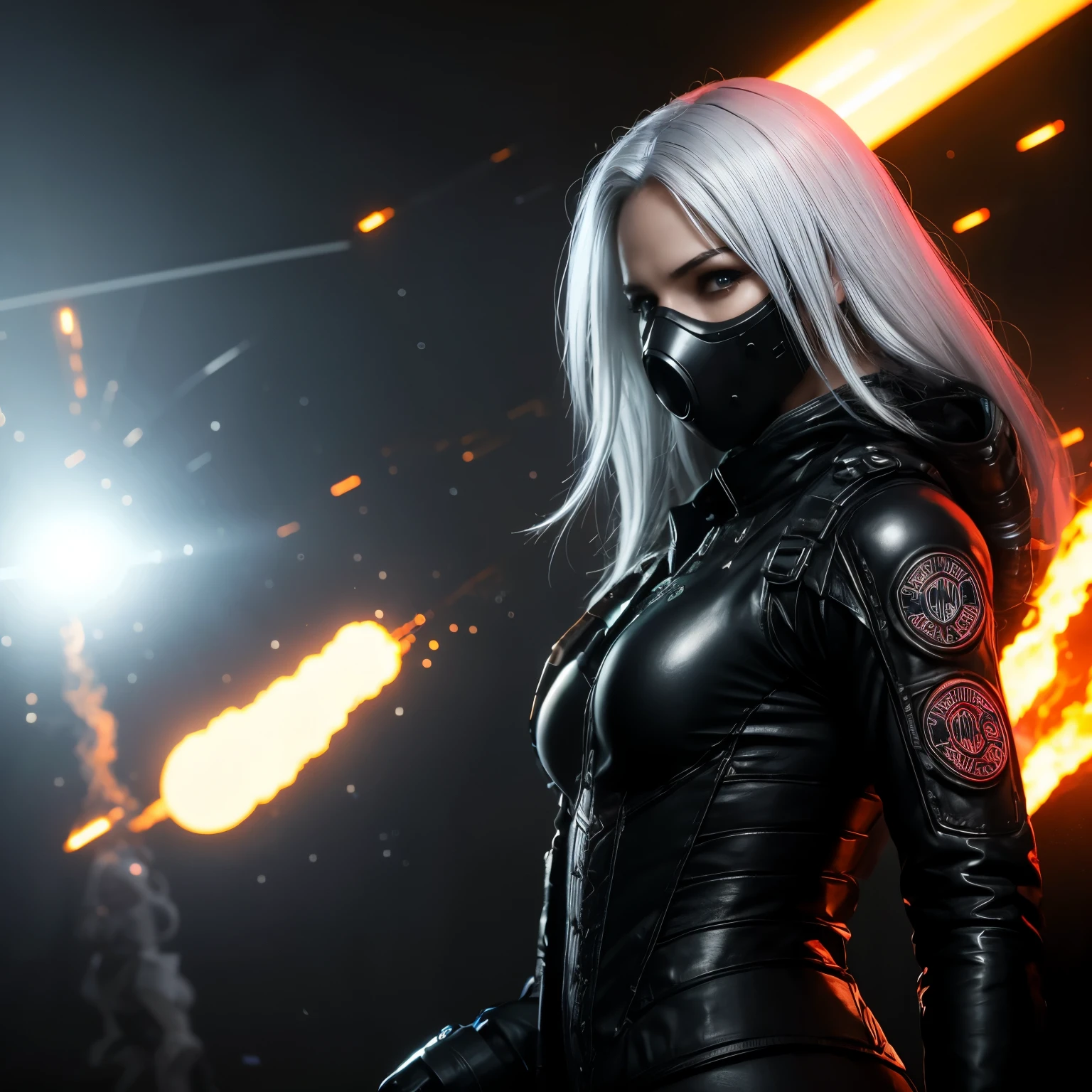 ((Realistisch, best quality, Meisterwerk: 1.3)), cyberpunk woman with cyberpunk mask, cyber suit, close up face, white hair, gasmask, dark atmosphere, cyberpunk city background, movie poster, cd cover, cinematic view, inferno, fire, sparks, smoke, upper body, dark, apokalypse, hell, explosions, album cover look, neon lights light effects,