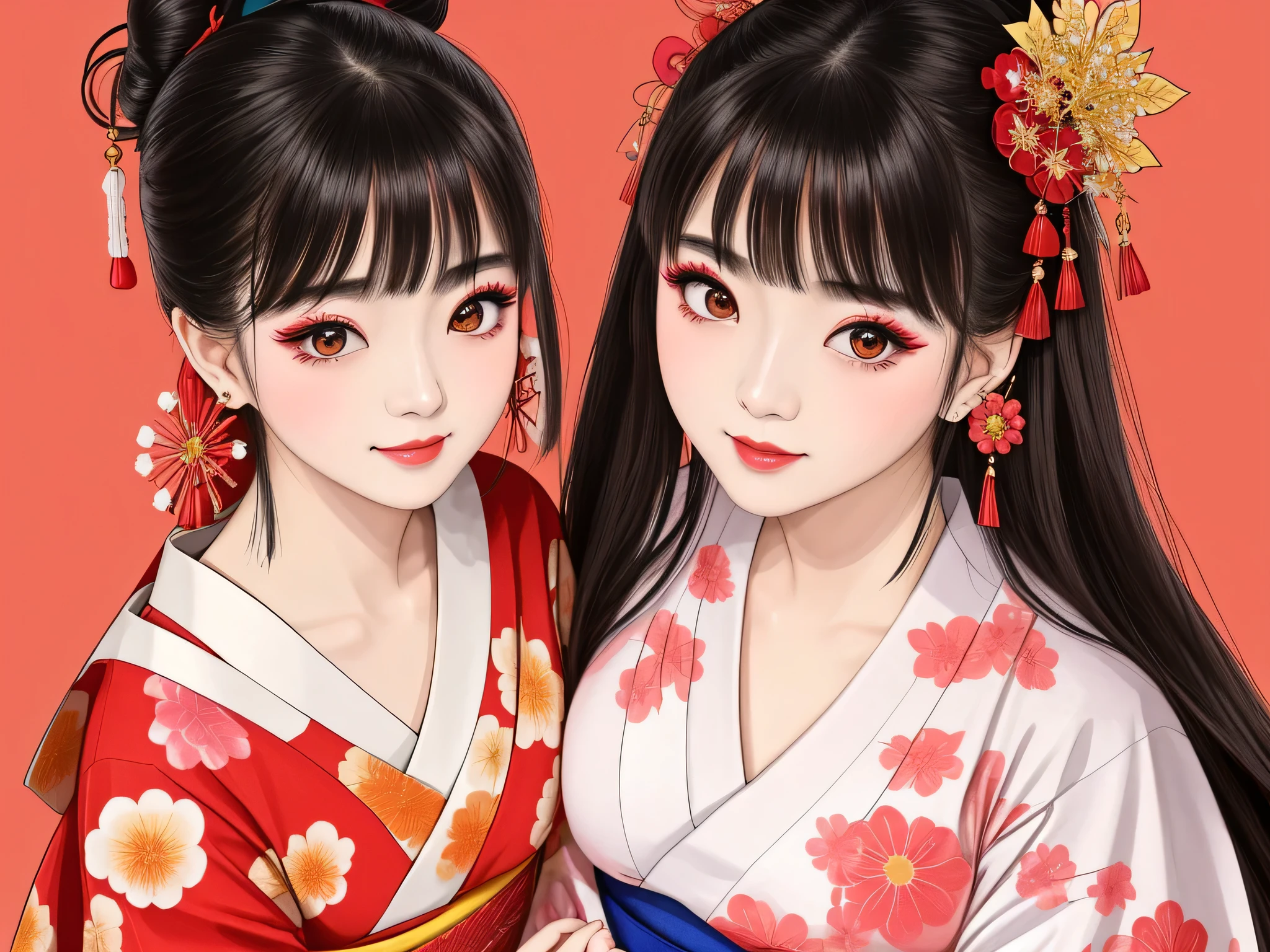 Each has a different expression2People and sisters、(2 girls)、⦅Dancing traditional arts with grace)、((Big Breasts、Small Face、Not exposed))、highest quality、masterpiece、(Black Hair、Bun Hair)、Brown Eyes、⦅Wide angle、Angle from above the waist and diagonally below、Pause on the magazine cover、Their gazes are different, gazing into the distance⦆、(8K High Quality、masterpiece、High resolution、Realistic and beautiful light and shadow、(highest quality)、(High Resolution)、(Very delicate and beautiful)、(Beautiful 8k face)、(With a smile、Beautiful eyes)、(Clear skin)、(Soft hair)、(8Head to Body)、(A Japanese style yukata kimono with red, pink and orange floral patterns on a white background, interspersed with gold powder、Five beautiful Japanese girls wearing yukata)、((Tanabata decoration background))、((Small Face))、(arms up)、Thin and small nose、(Red lipstick)、(Make your cheeks red)、(Glossy skin)、((Ink painting style))、Very thin eyebrows、Overall ultra-high image quality、(She is wearing maiko-style makeup.)、Whitening、Long and beautiful eyelashes、Glowing Skin、(Red cheeks),Straight nose、masterpiece、highest quality、whole body、 Eyebrows visible through hair、Bun Hair、Grin、Gal、Gal、Viewer's Eyes、Plaid、Stylish、woman、fine、Pause、
Waiting to start
