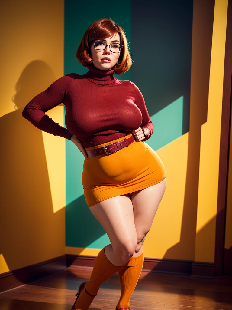 ((masterpiece, best quality, ultra-detailed, ultra-HD, photorealistic, cinematic)), (wide camera shot, full body view:1.5), (sensual pose, standing), (alluring and voluptuous female as Velma Dinkley:1.2), perfect anatomy, perfect face, proportioned hands, (deep shade of auburn with a slight natural wave hair color, chin-length bob with blunt bangs hairstyle:1.3), (retro-chic style outfit, knee-length and maroon turtleneck dress:1.2), (a matching maroon belt that cinches at her waist:1.2), (thick-framed black square glasses), (wears knee-high, mustard-yellow socks that peek out just above her brown, sensible lace-up shoes), (sports a delicate, gold pendant necklace), (vibrant orange cardigan slung over her shoulders), ((dynamic background)), (chubby:1.2), (huge breasts:1.2),