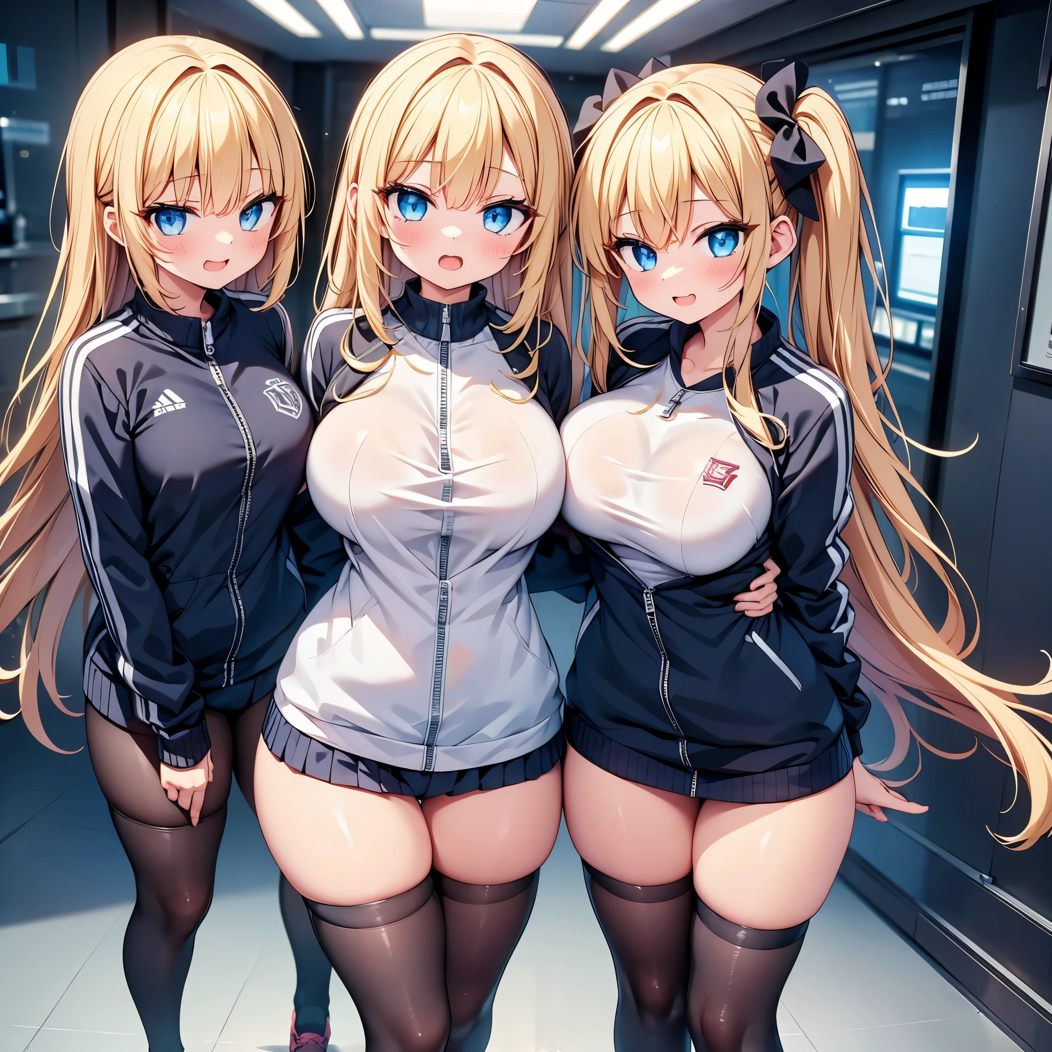 (cute eyes:1.2), (sparkling eyes:1.2), highest quality,wonderful,finely,extremely detailed CG Unity 8K wallpaper, (Stand in line:1.2), (3 girls, cute eyes, track suit, clothed), (midium breasts), (open mouth:1.1), (long tongue:1.1), (mouth drool:1.1), (black stockings:1.1),(Thighs:1.1),(Waistline:1.1)