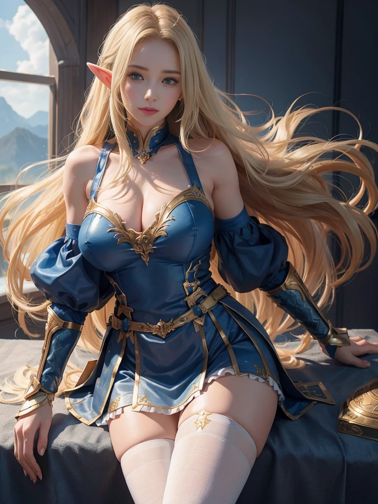 (8K, Raw photography, top-quality, masterpiece:1.2), One elf Woman、girl at the age of 18,fullllbody.{scinematic angle、Wide Angle、Don't split the screen、}(Realistic Skins 1.4)、(valkyrie、Valkyria)、(((Western knights、Plate armor covering the whole body、Metal armor、nffsw)))、(royal blue above knee skirt with golden trim) 、(((Sky with light、Asgard))、50mm Lens、30mm film、wide angles、(long、)、(A waist long straight blonde-haired)、blue eyes、shinny skin、beautiful detailed hair、cheerful smile, Beautiful delicate face、Beautiful delicate eyes、{huge chest、perfect tits, muscular body、}、(standing:1), bare shoulder, tight-high white stocking with golden-trim, (white:1) above elbow armhose and glove, (chubby:1.2), (huge breasts:1.2),