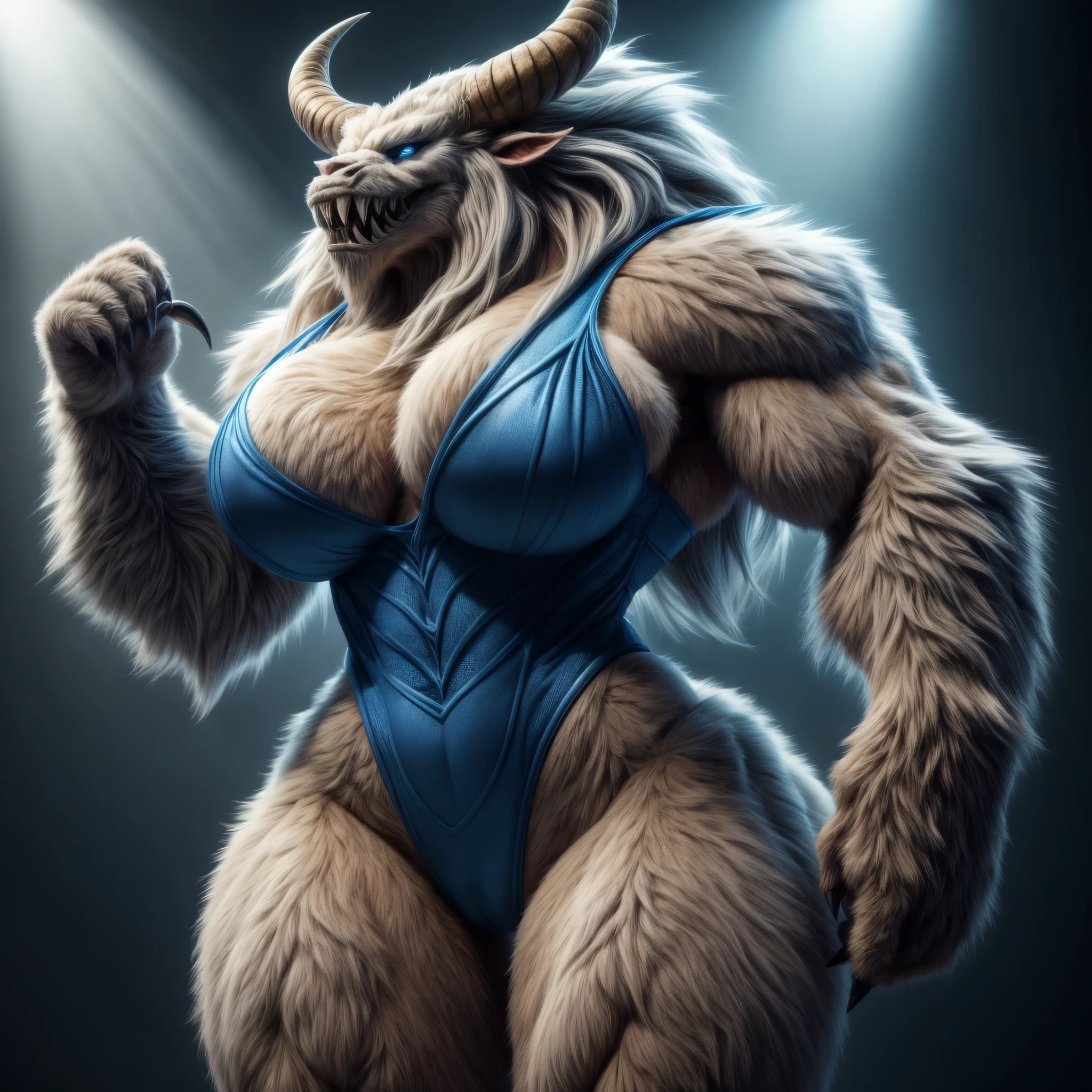 (photo,woman transformed into yeti monster,patterned highcut leotard,large breasts,super muscular,broad hips,fur,long hair,claws,sharp teeth,strong jaws,horns,sagittal crest,blue eyes,best quality,4k,8k,highres,masterpiece:1.2),ultra-detailed,realistic:1.37,portraits,vivid colors,studio lighting,blue color palette,soft natural light